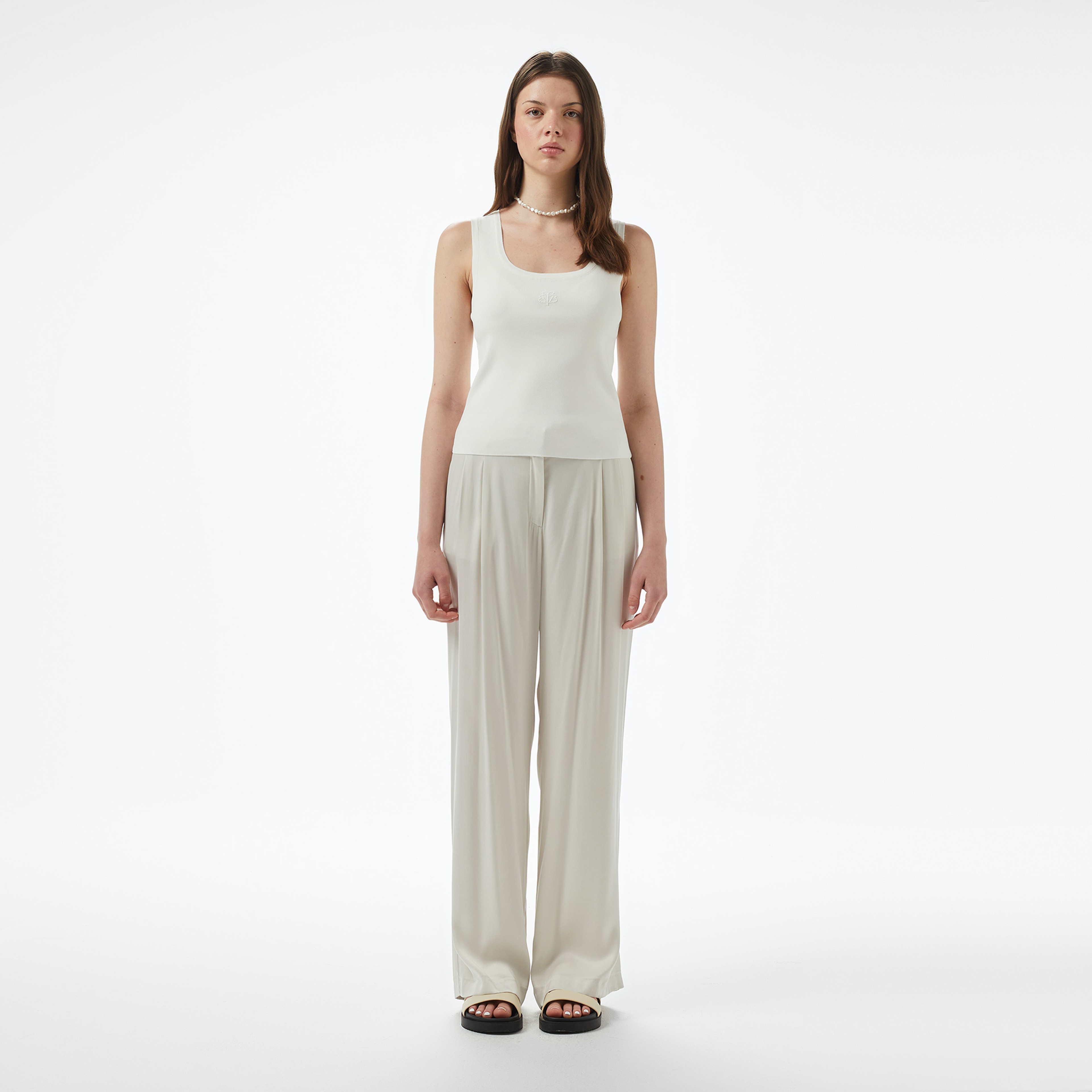 Brooks Brothers Önü Palmiye Desenli Triko Kadın Beyaz Kolsuz Kazak