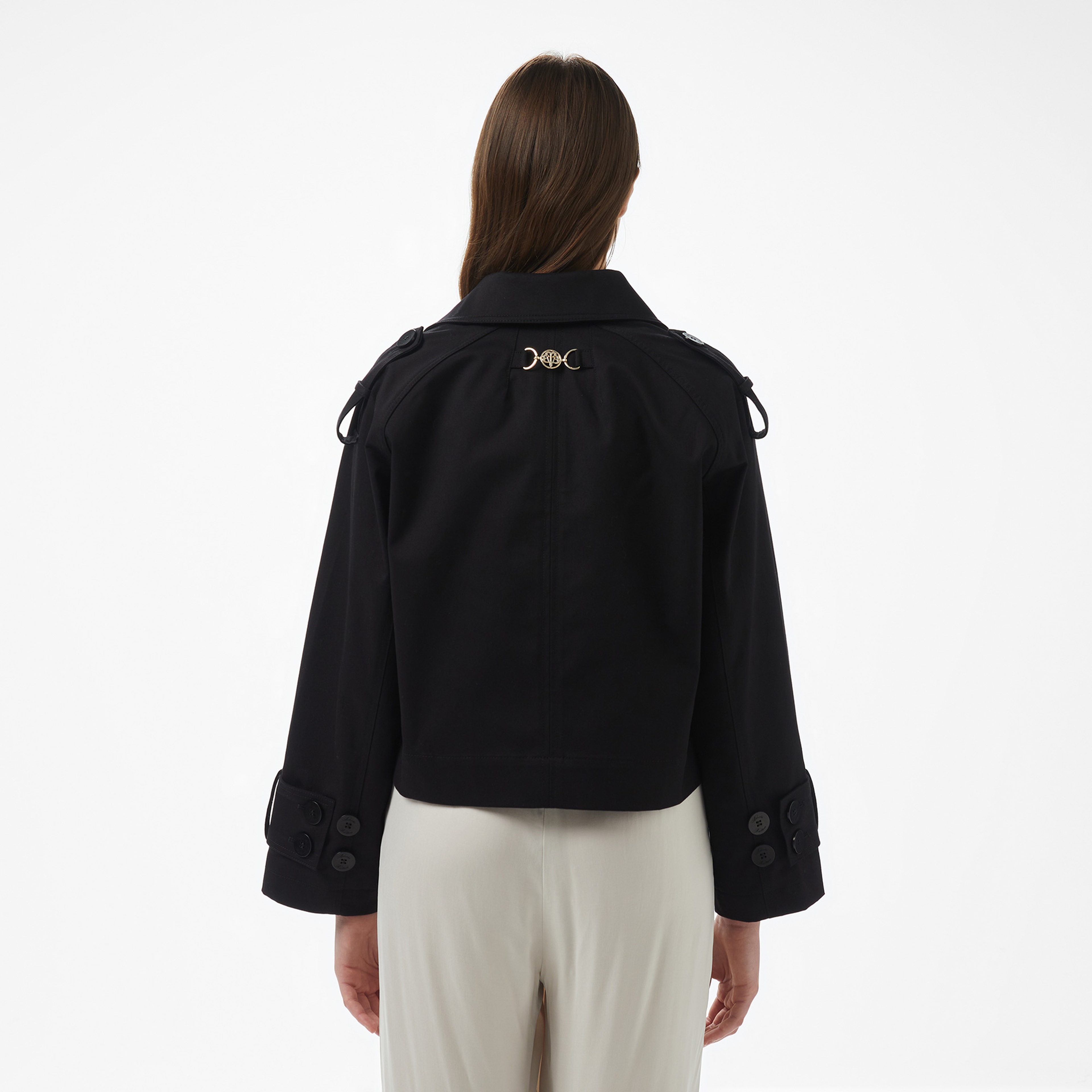 Brooks Brothers Robası Metal Logo Detaylı Kruvaze Kısa Kadın Siyah Trençkot