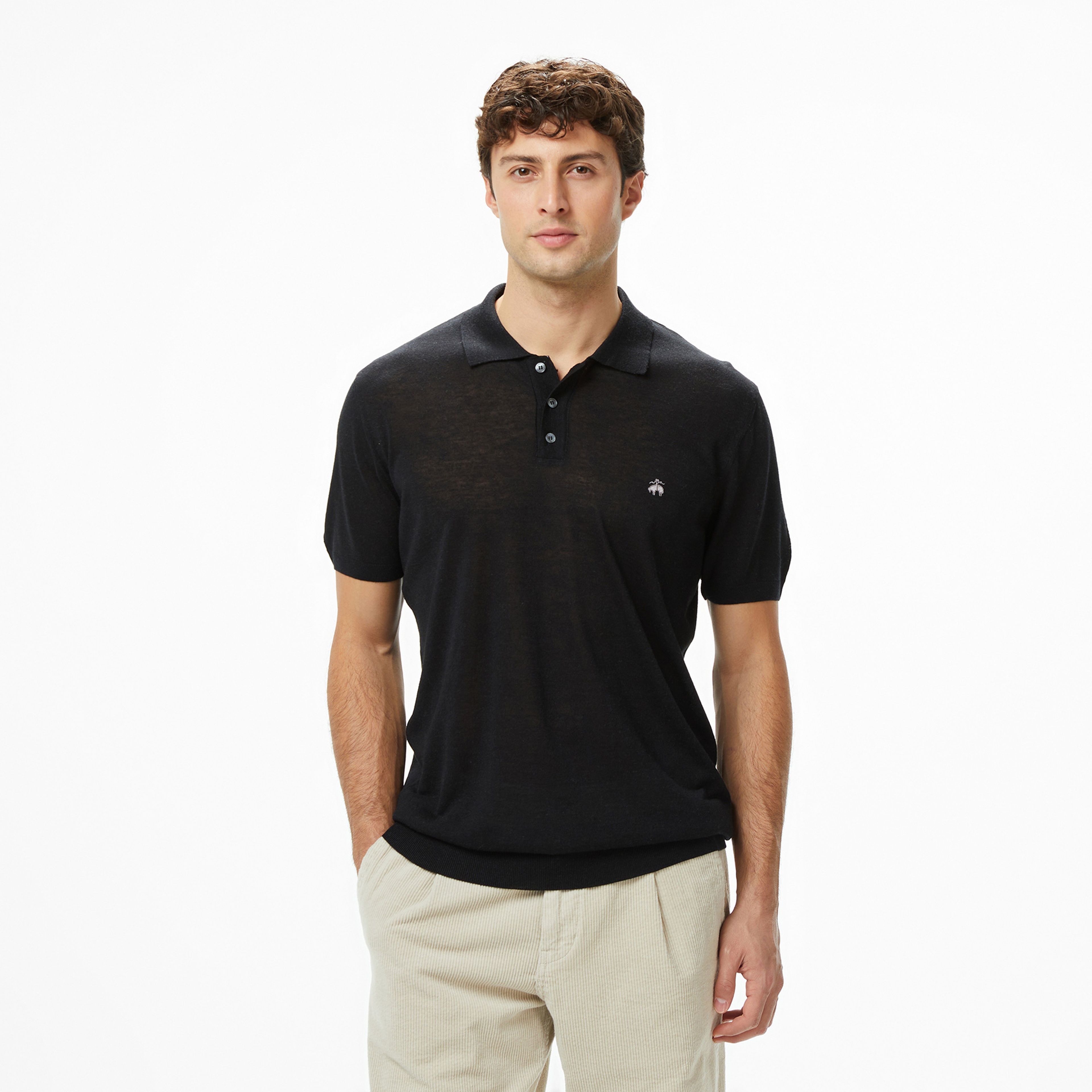 Brooks Brothers Polo Yaka Kısa Kol Keten Karışımlı Erkek Siyah Kazak