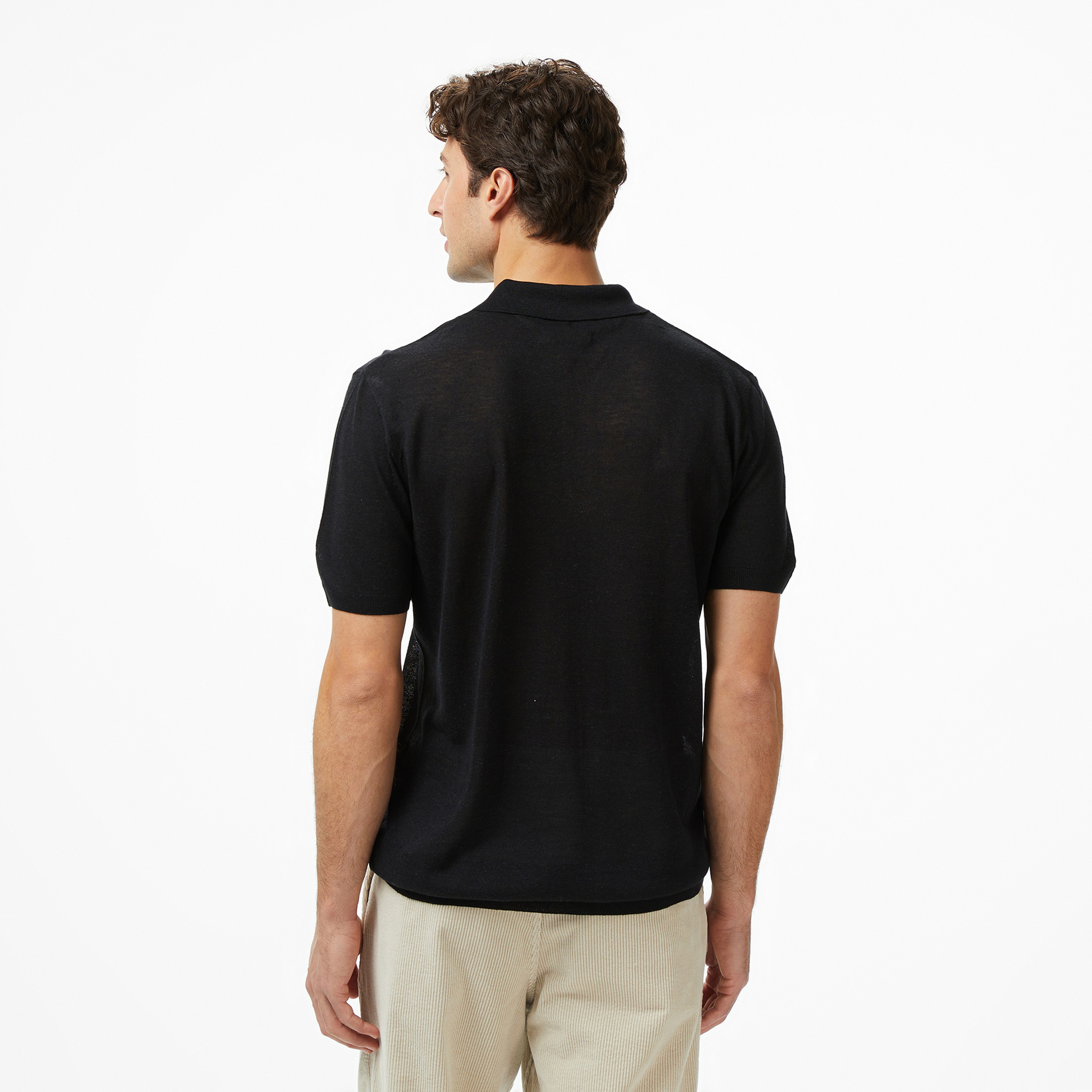 Brooks Brothers Polo Yaka Kısa Kol Keten Karışımlı Erkek Siyah Kazak