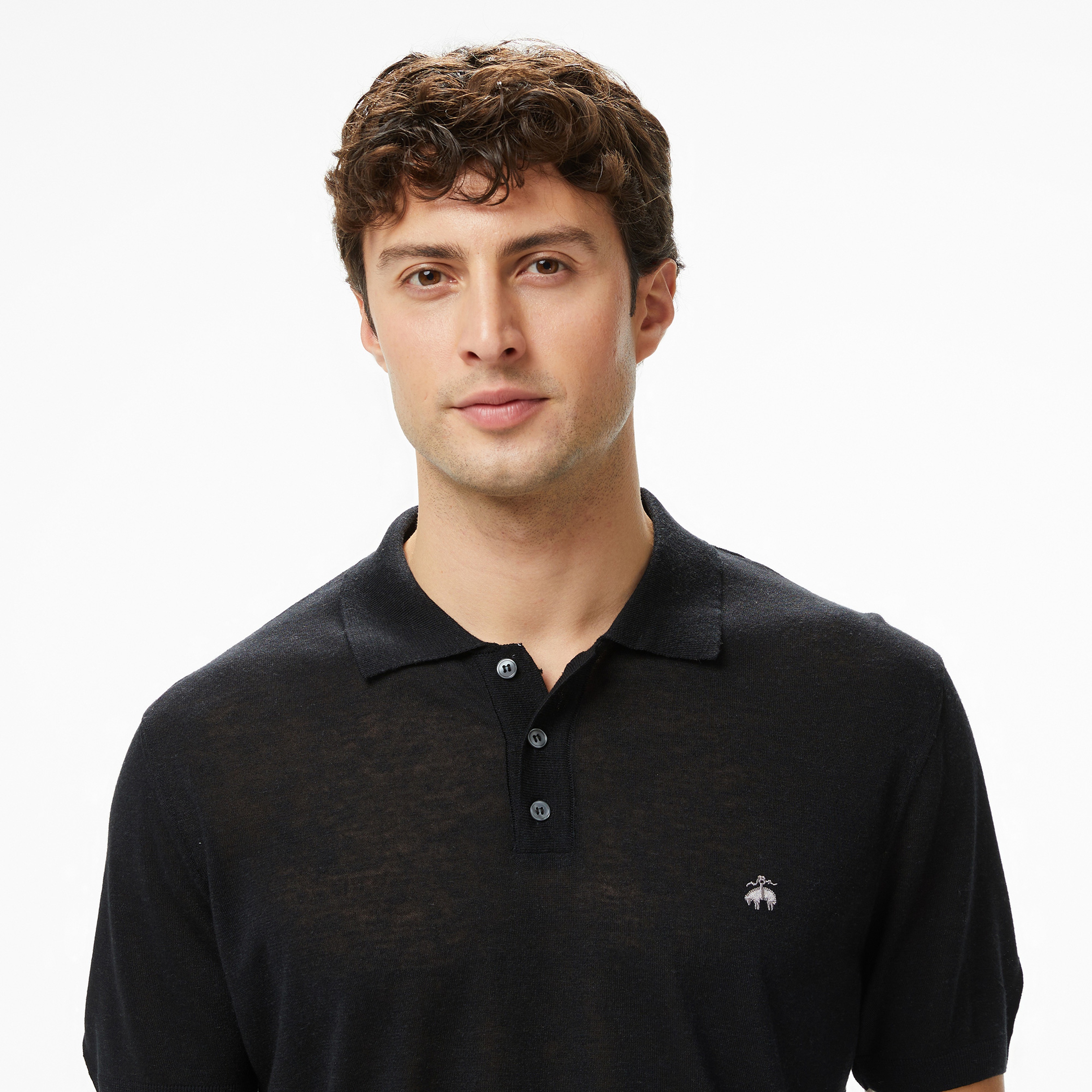 Brooks Brothers Polo Yaka Kısa Kol Keten Karışımlı Erkek Siyah Kazak