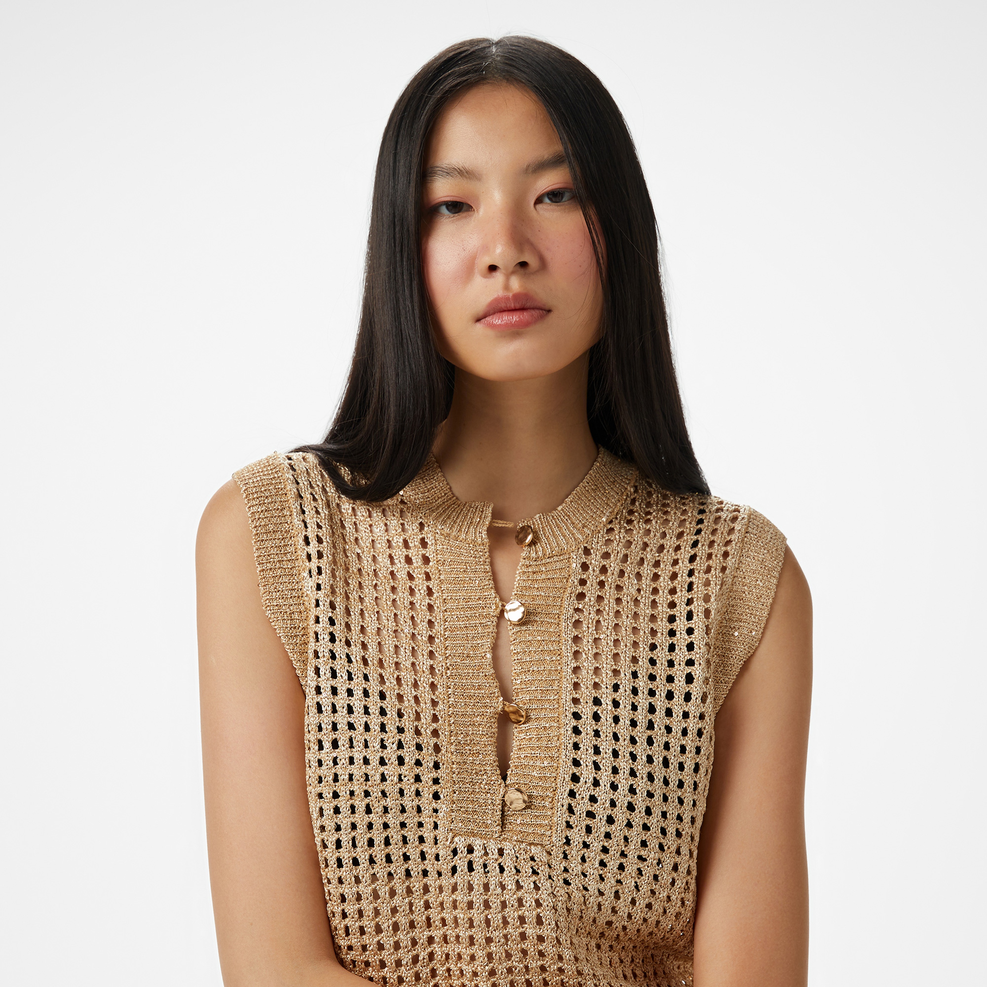 Brooks Brothers Bisiklet Yaka Düğmeli Kolsuz Ajurlu Simli Kadın Sarı Kazak