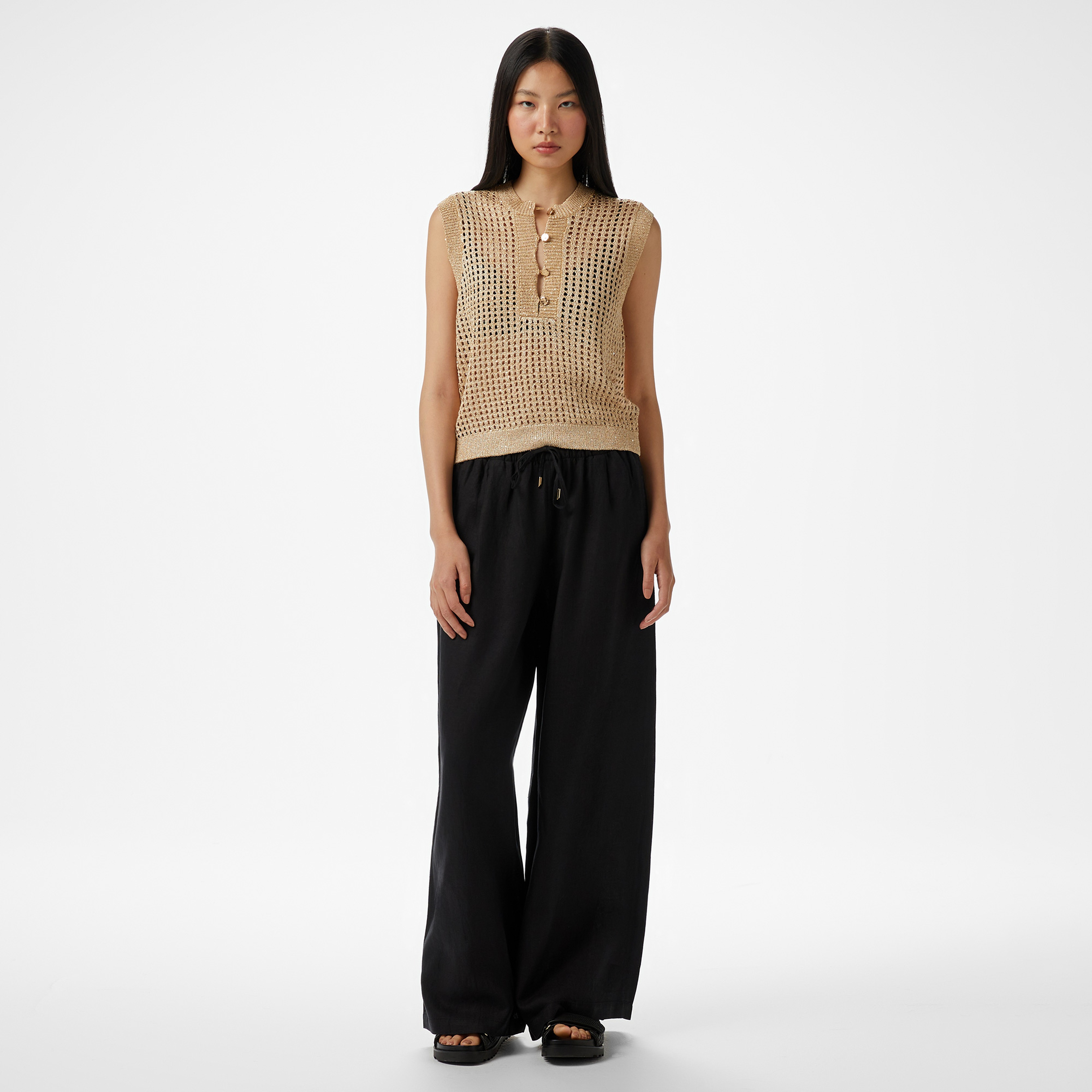 Brooks Brothers Bisiklet Yaka Düğmeli Kolsuz Ajurlu Simli Kadın Sarı Kazak