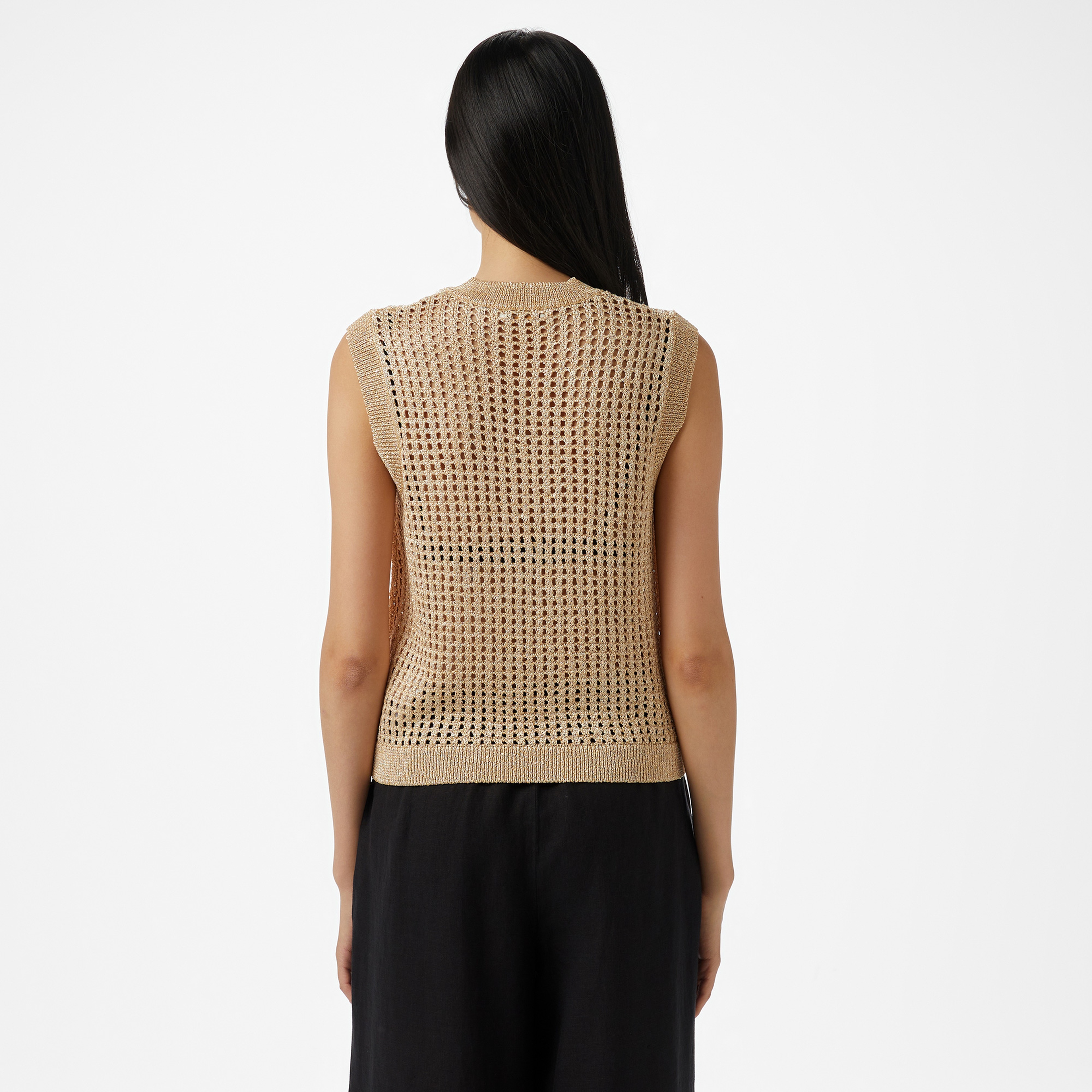 Brooks Brothers Bisiklet Yaka Düğmeli Kolsuz Ajurlu Simli Kadın Sarı Kazak