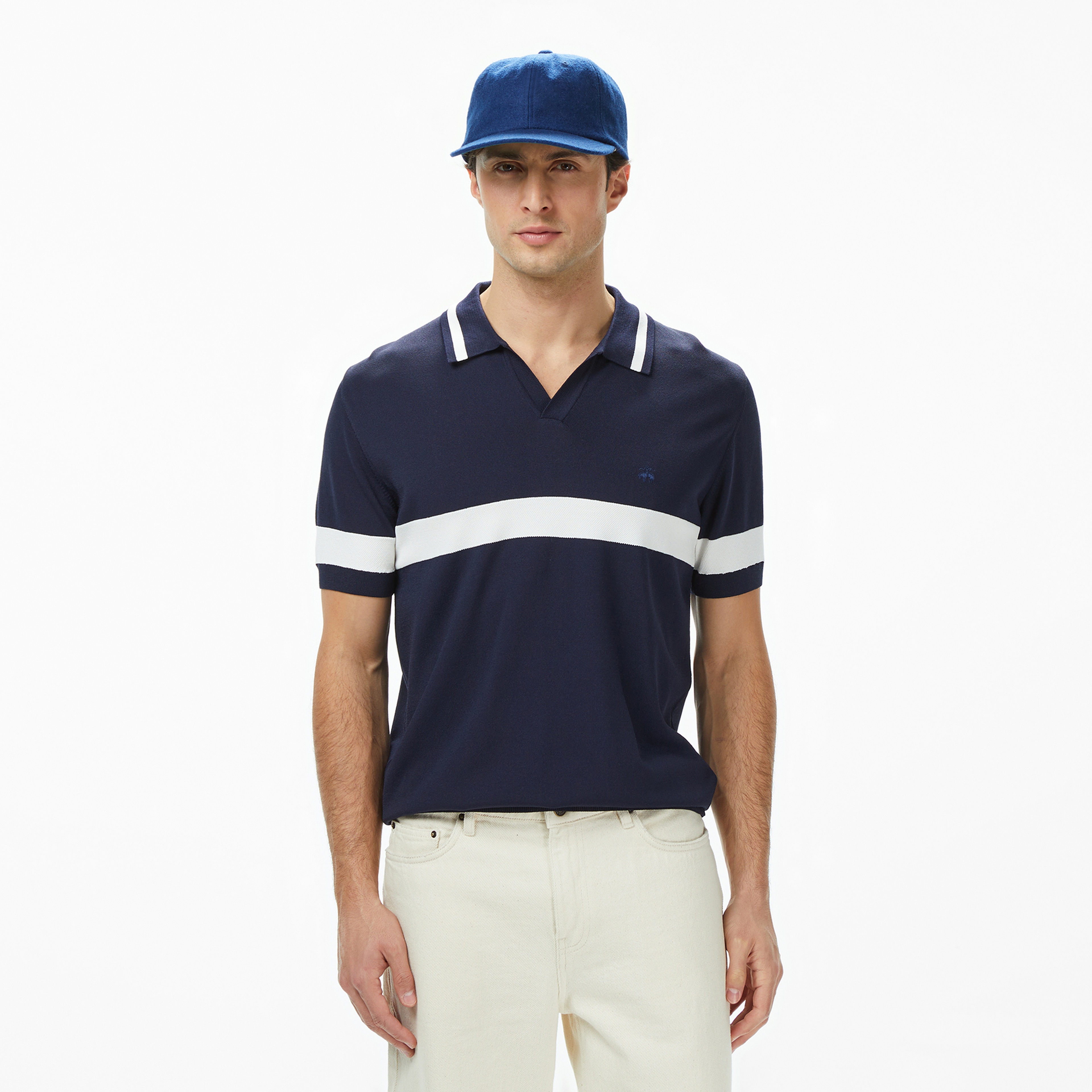 Brooks Brothers Polo Yaka Çizgi Detaylı Kısa Kol Rayon Erkek Lacivert Kazak