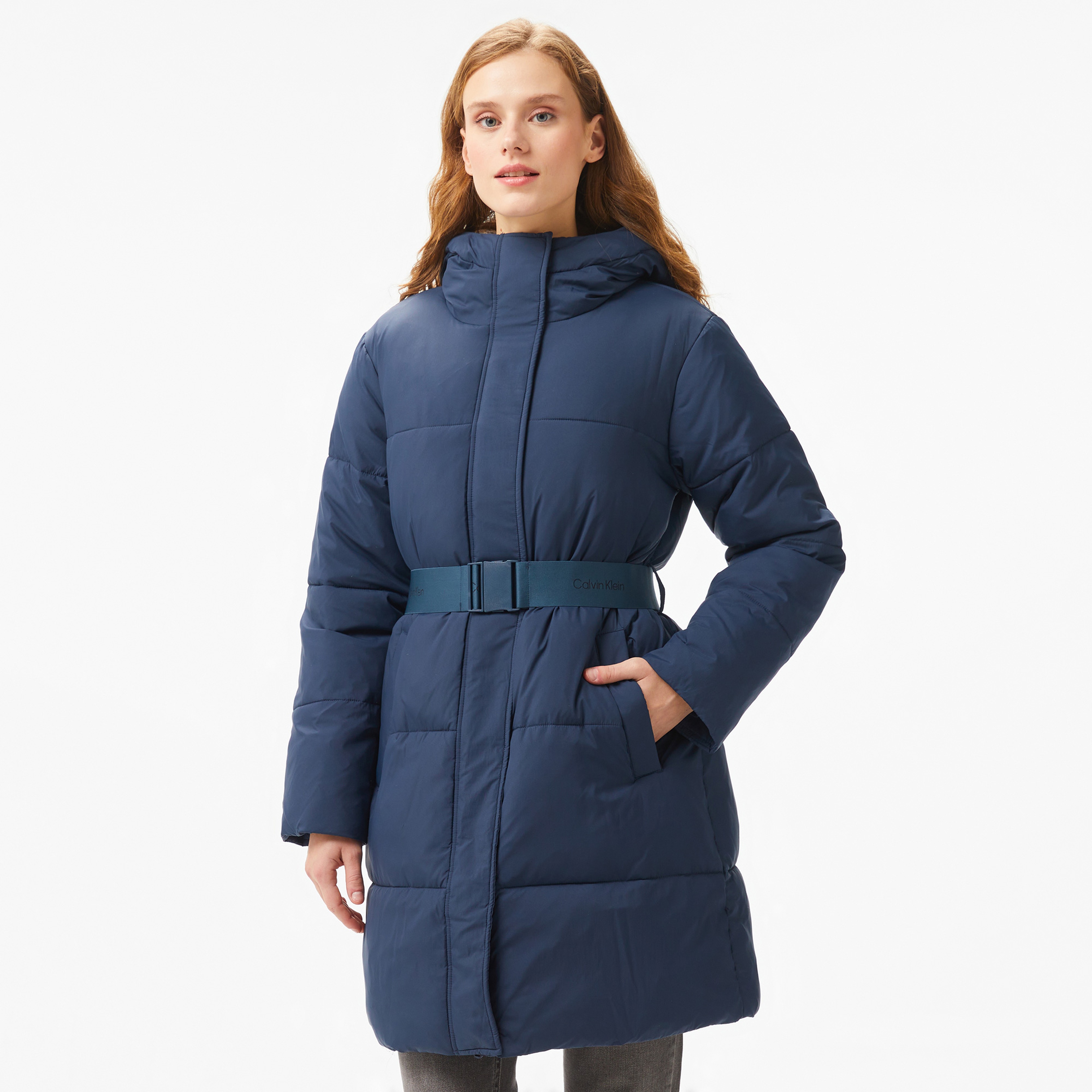 Calvin Klein Jeans Logo Belt Long Puffer Kadın Lacivert Ceket