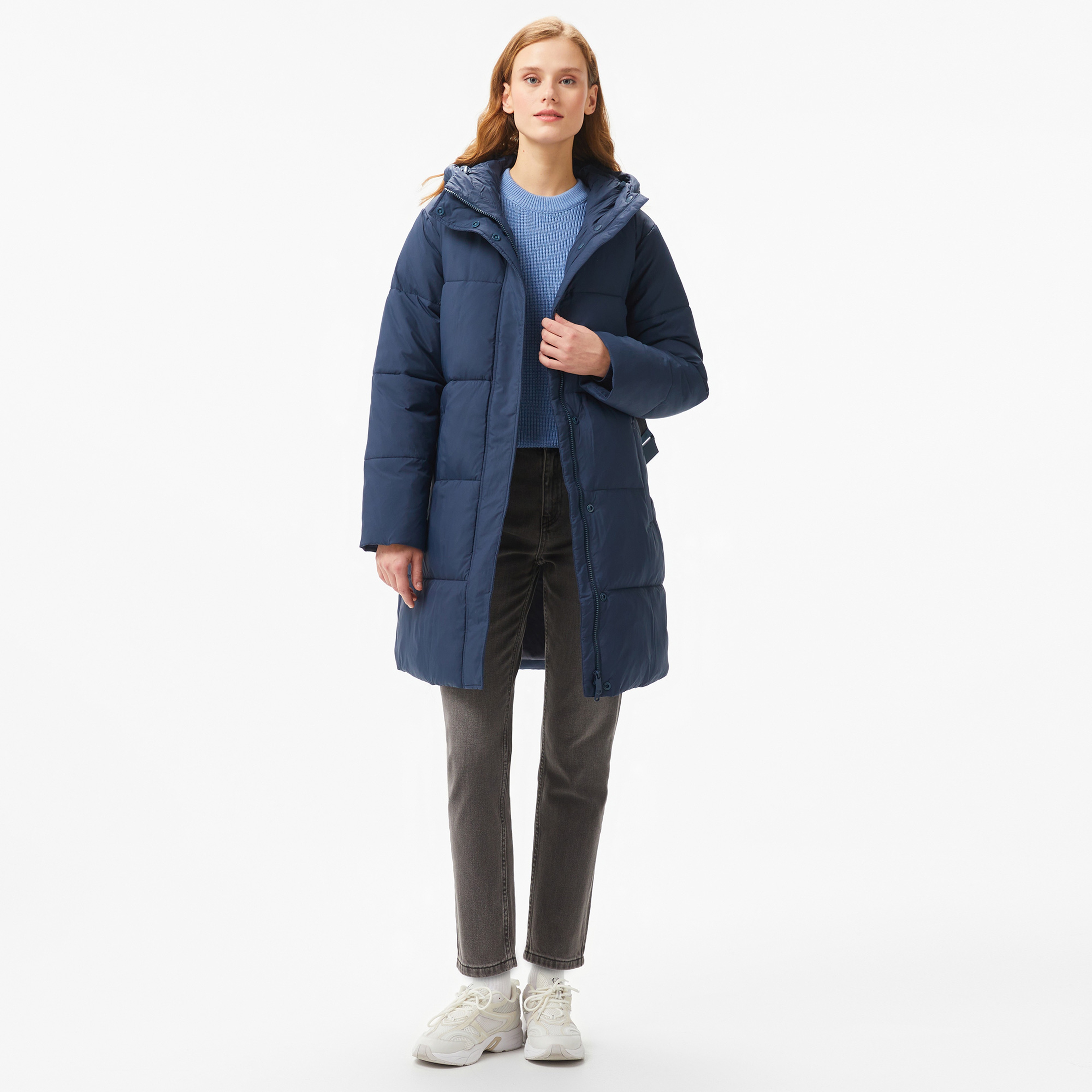 Calvin Klein Jeans Logo Belt Long Puffer Kadın Lacivert Ceket