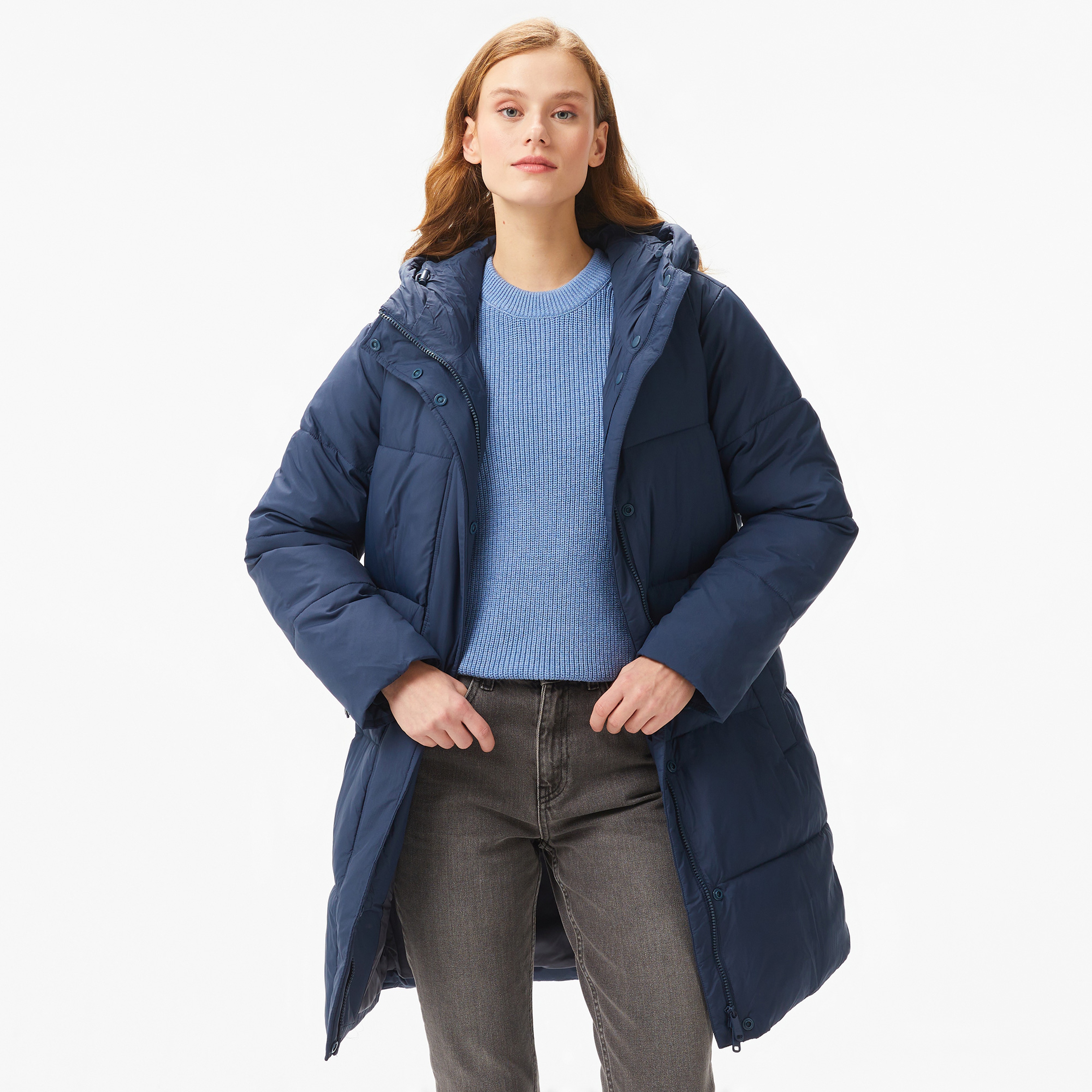 Calvin Klein Jeans Logo Belt Long Puffer Kadın Lacivert Ceket