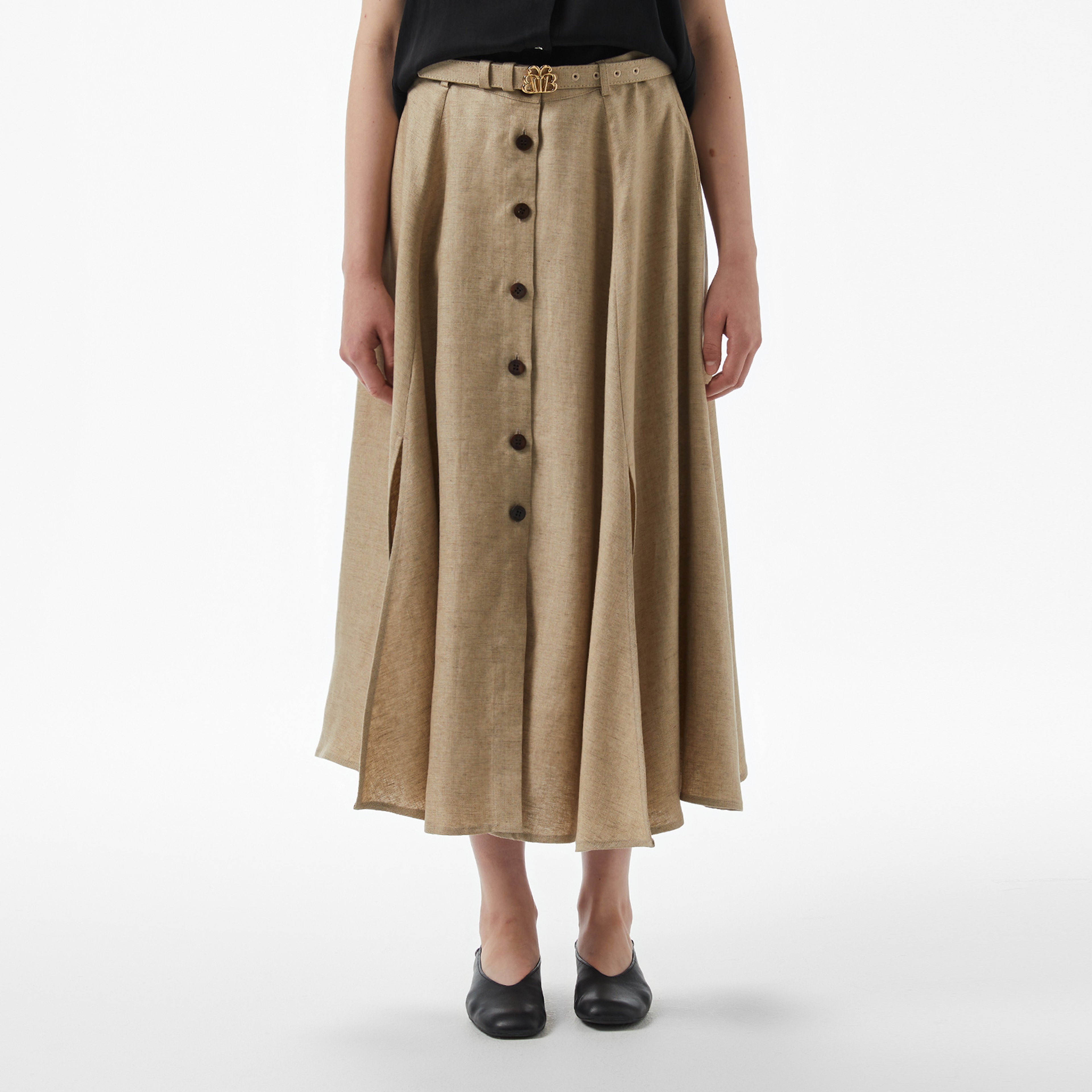 Brooks Brothers %100 Keten Kemerli Yırtmaçlı Midi Boy Kadın Bej Etek