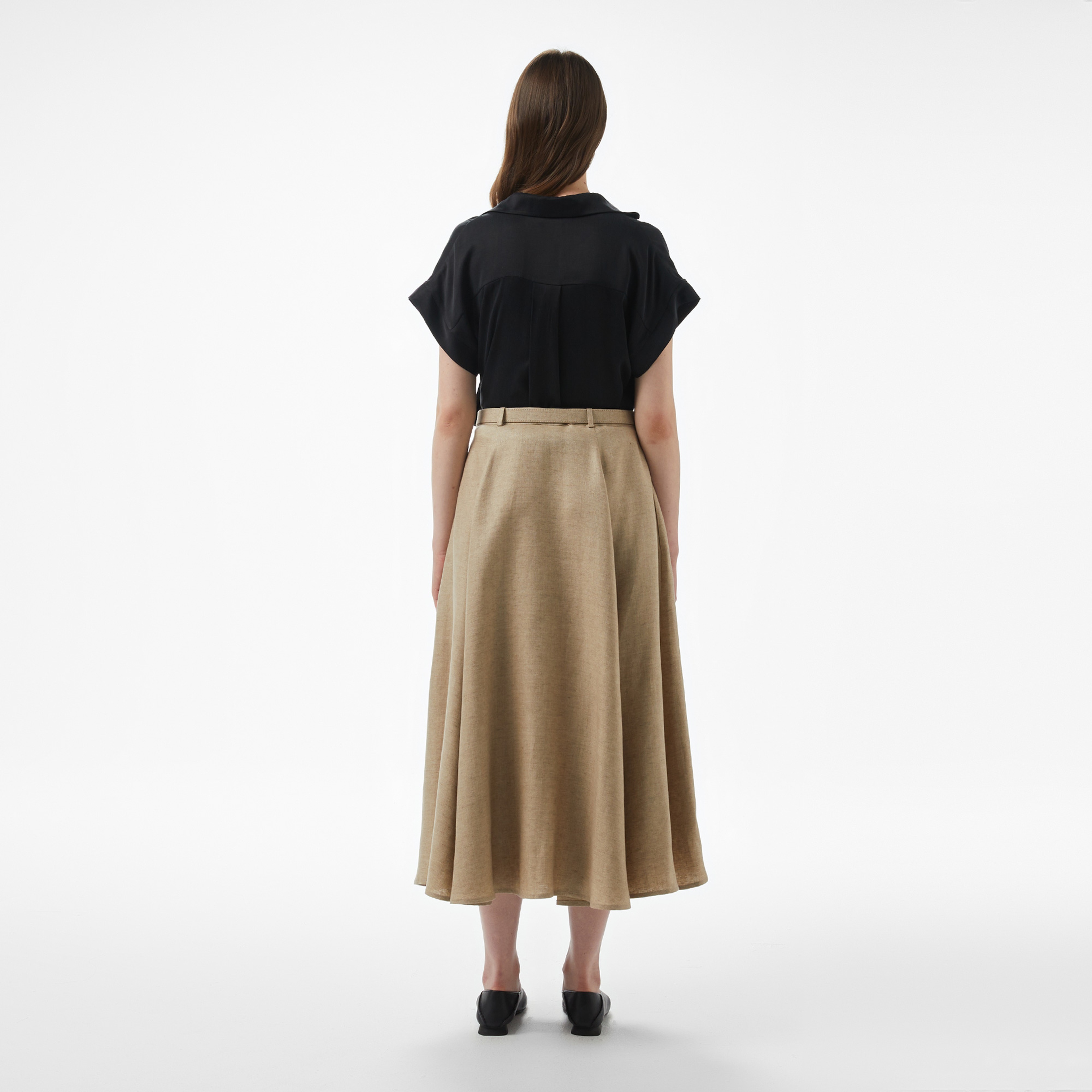 Brooks Brothers %100 Keten Kemerli Yırtmaçlı Midi Boy Kadın Bej Etek