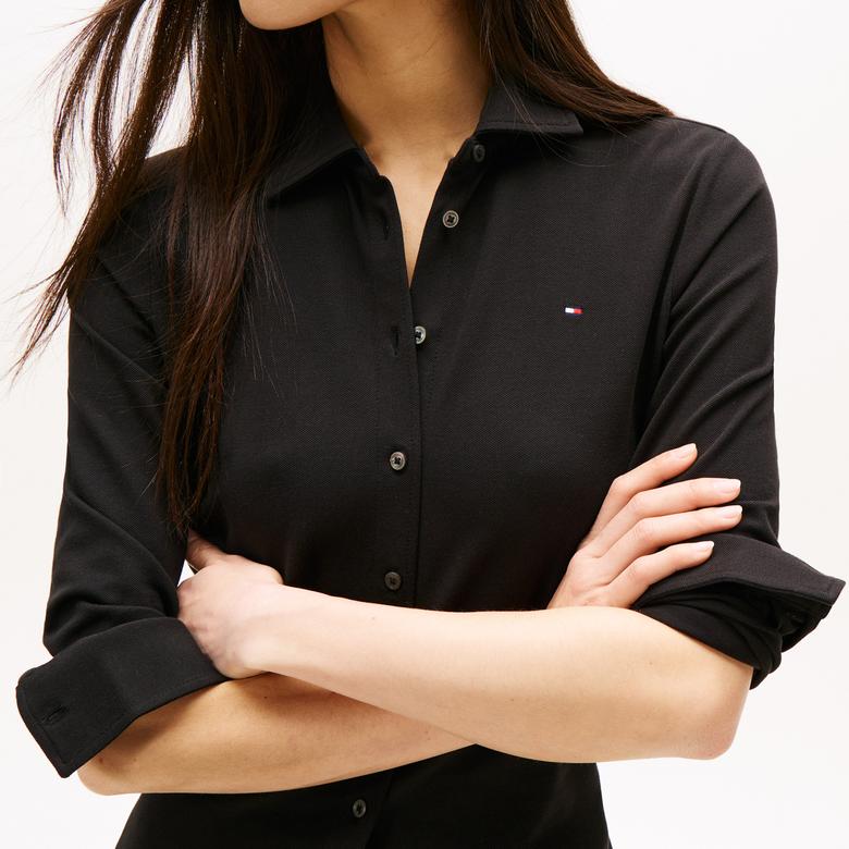 Tommy Hilfiger 1985 Slim Pique Kadın Siyah Gömlek