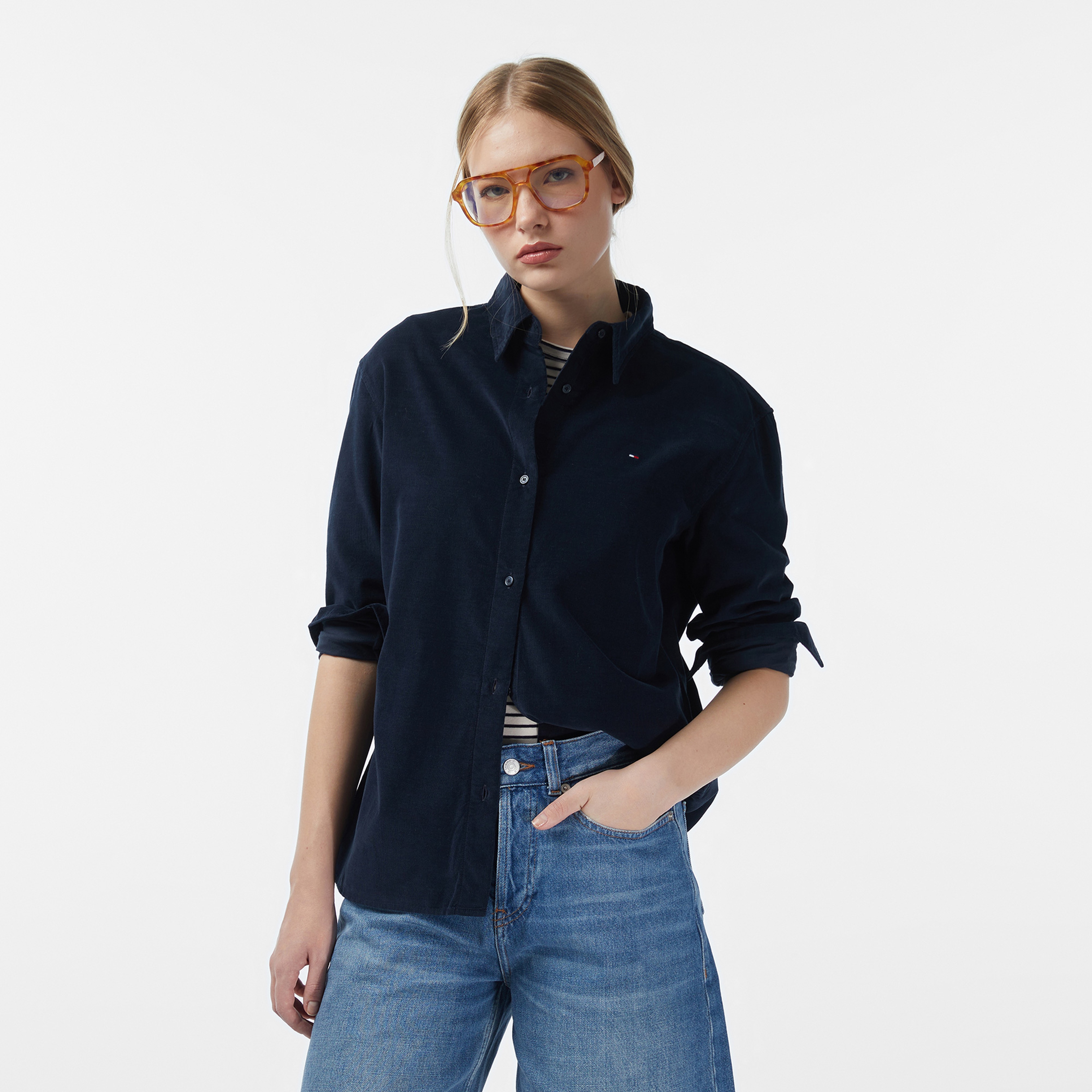 Tommy Hilfiger Corduroy Relaxed Kadın Lacivert Gömlek