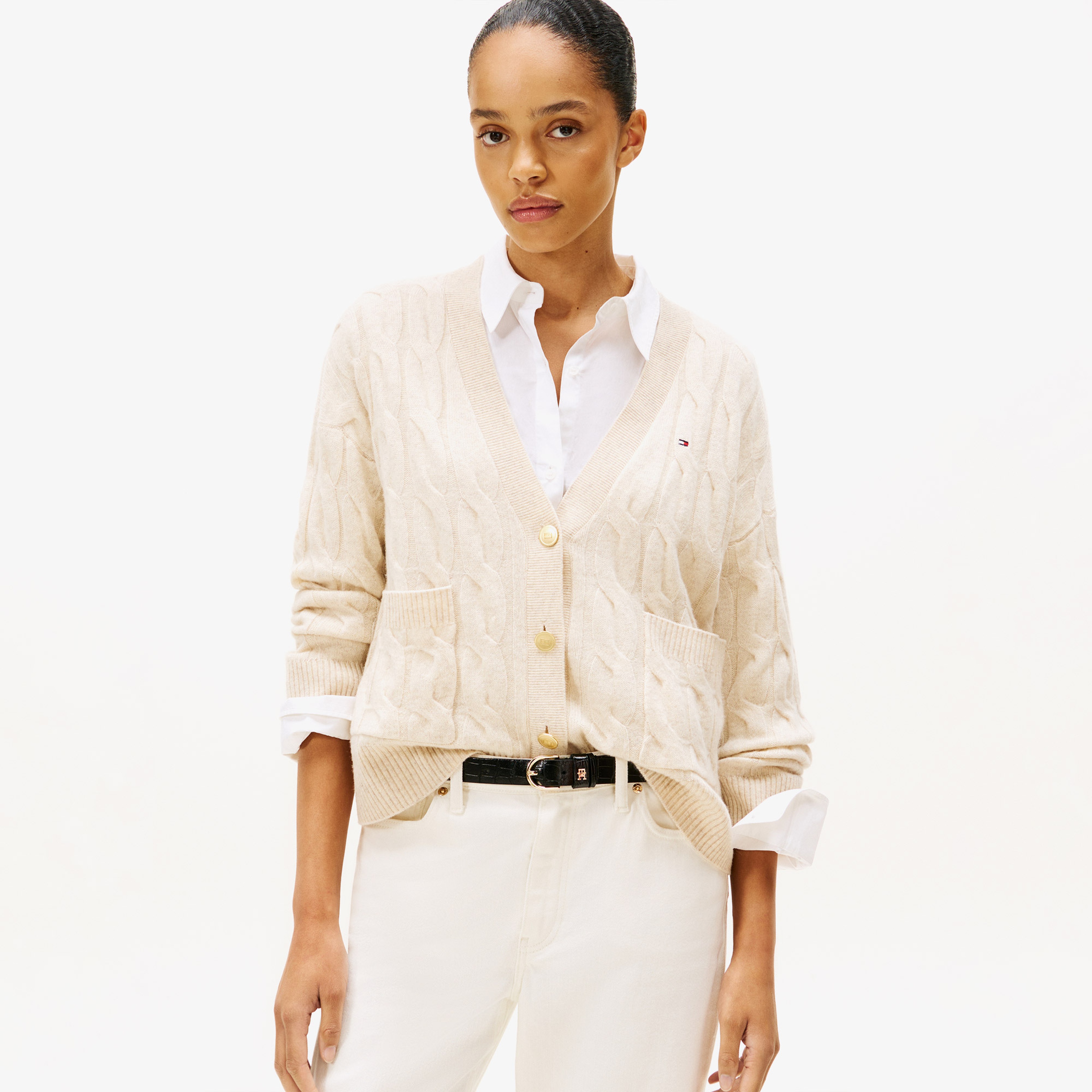 Tommy Hilfiger Soft Wool Cable Cardigan Kadın Bej Hırka