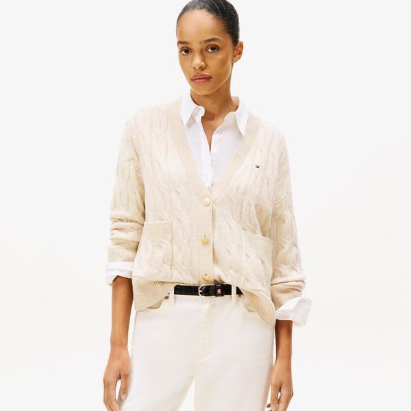 Tommy Hilfiger Soft Wool Cable Cardigan Kadın Bej Hırka