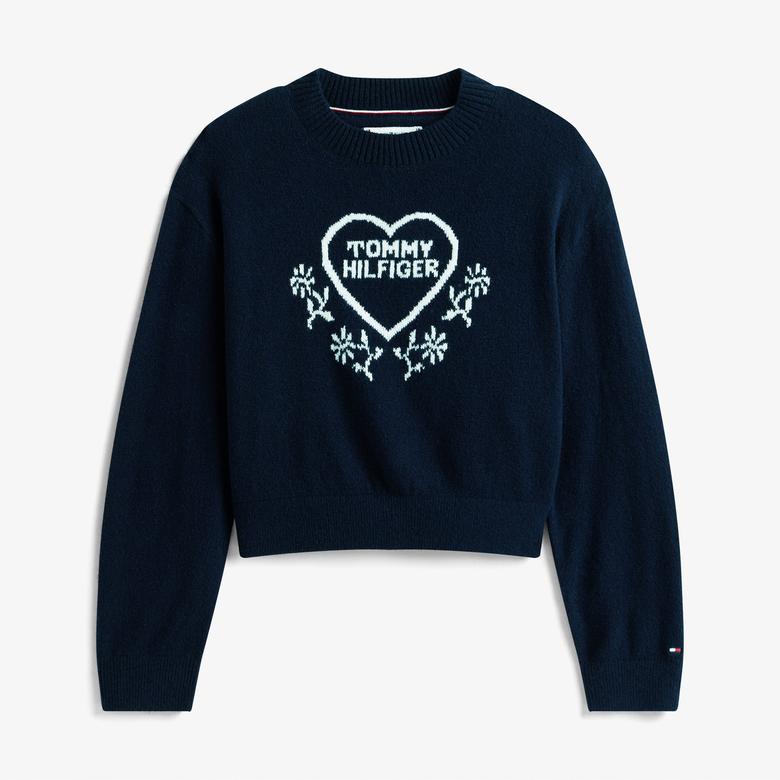 Tommy Hilfiger Heart Jacquard Çocuk Lacivert Kazak