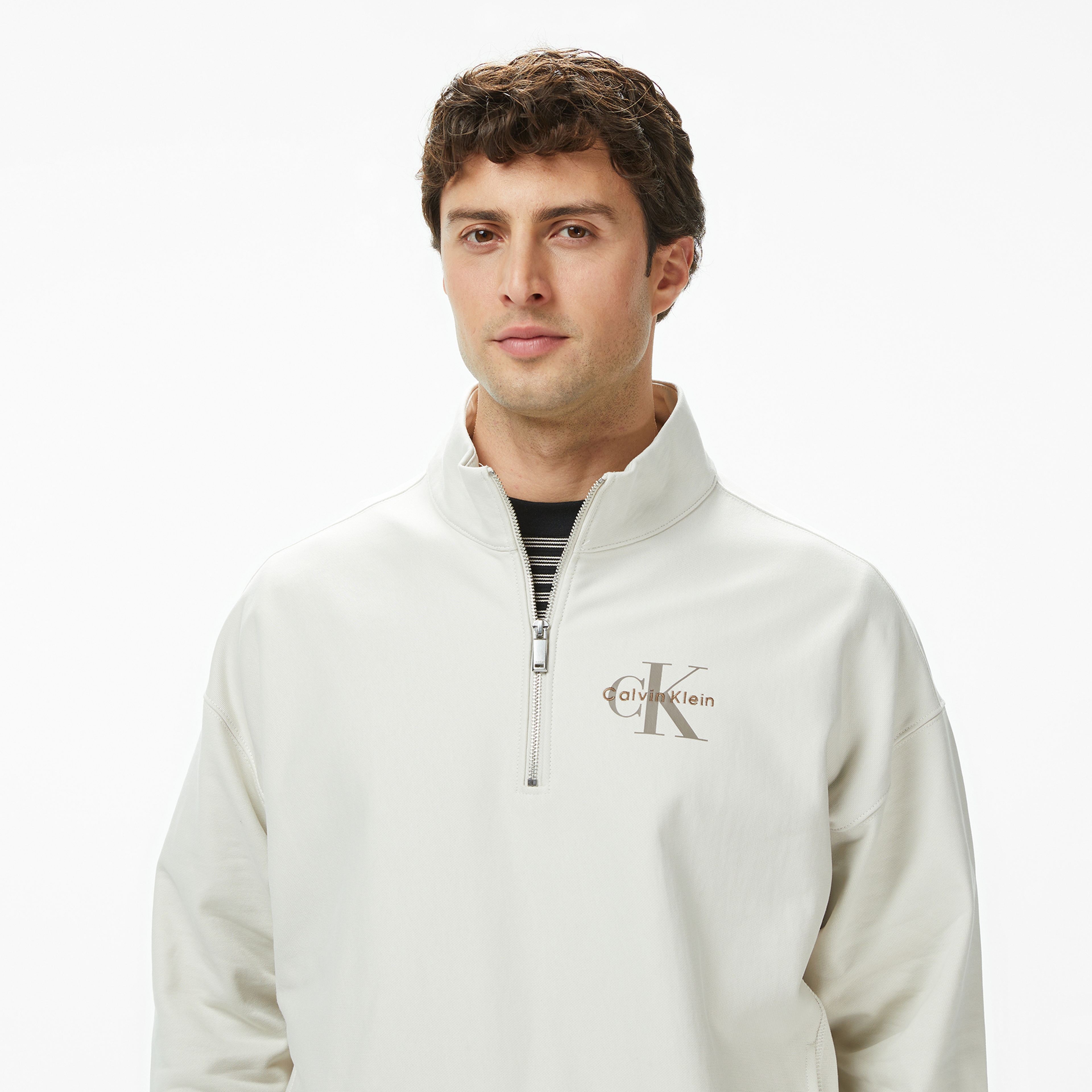 Calvin Klein Premium Terry Micro Monologo Erkek Beyaz Sweatshirt