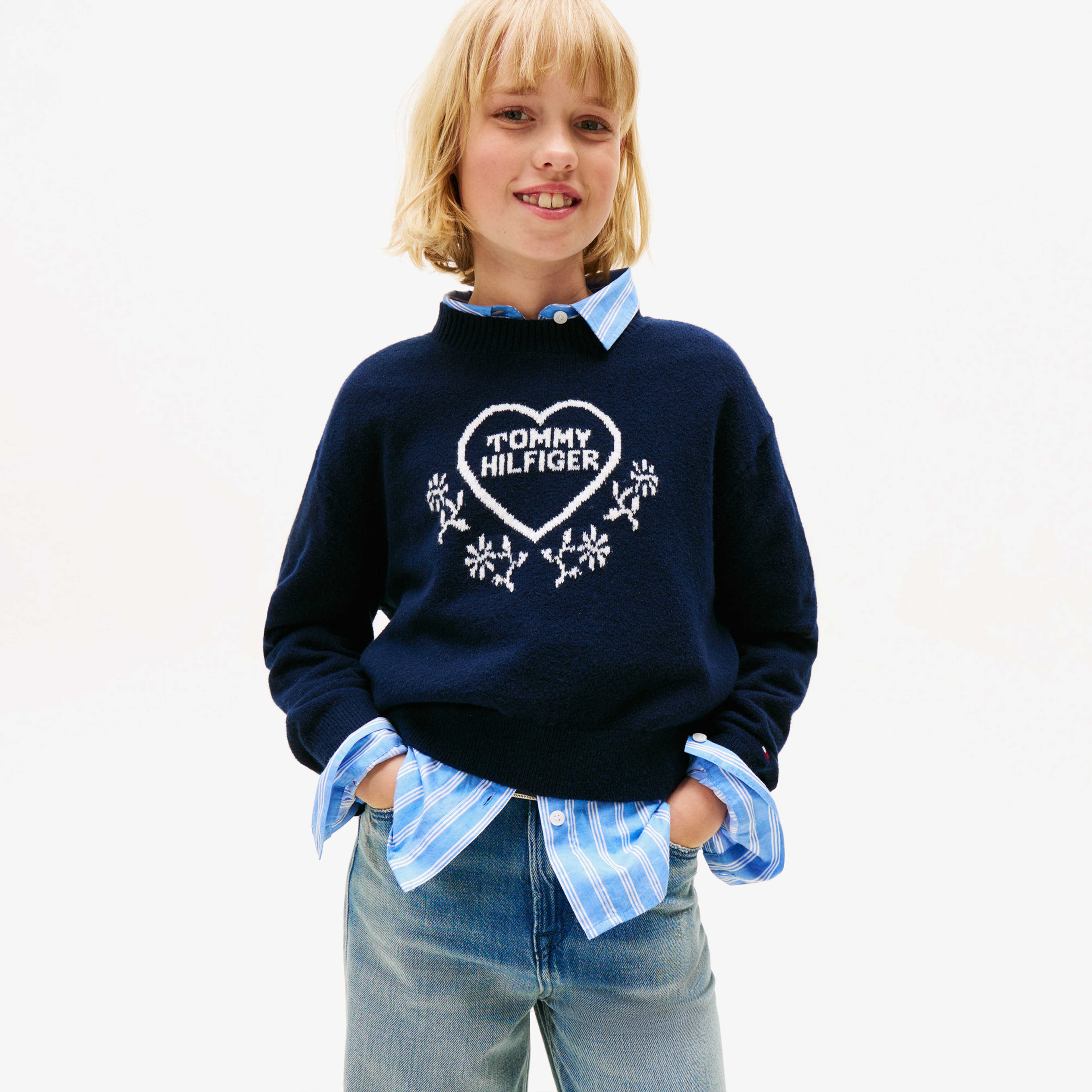 Tommy Hilfiger Heart Jacquard Çocuk Lacivert Kazak