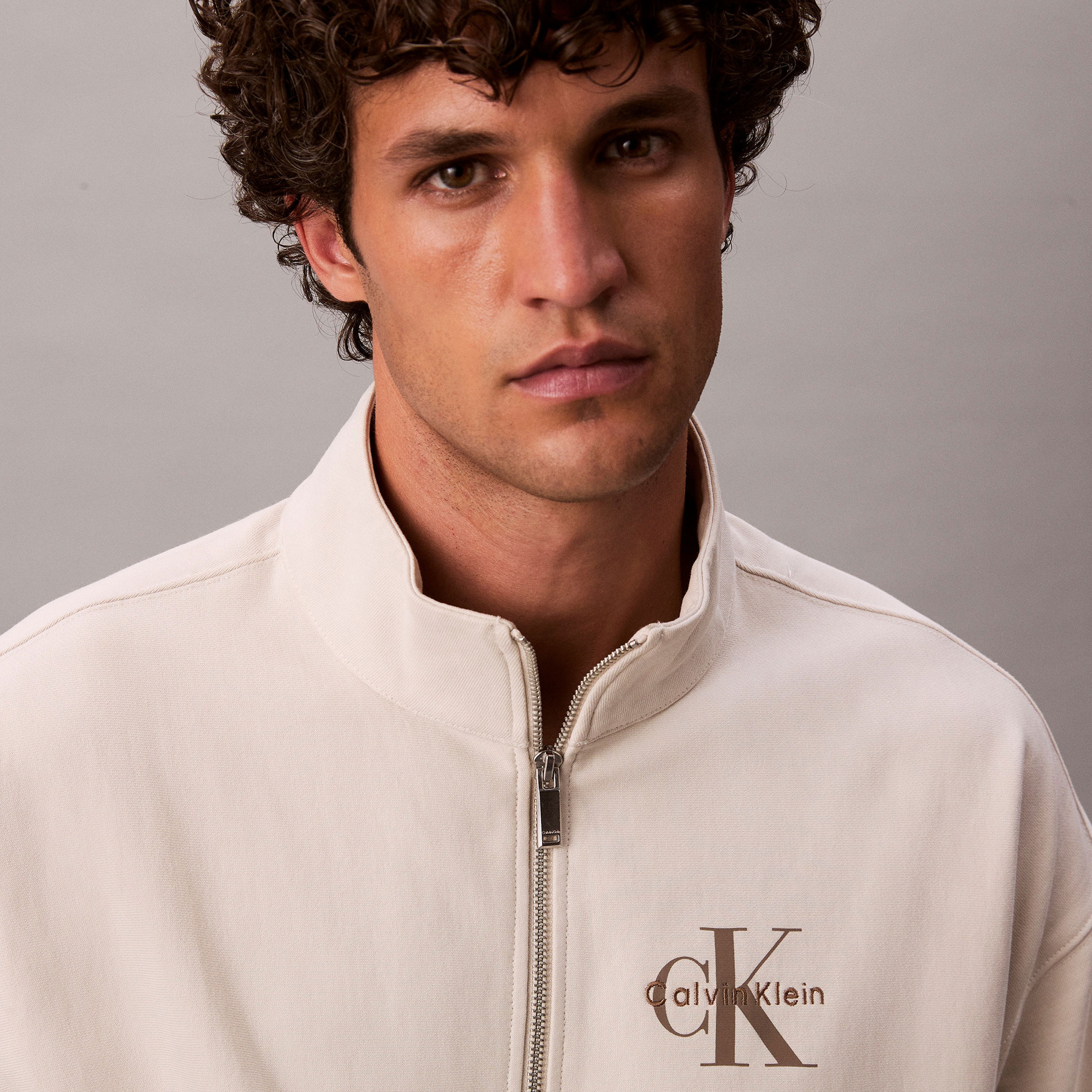 Calvin Klein Premium Terry Micro Monologo Erkek Beyaz Sweatshirt