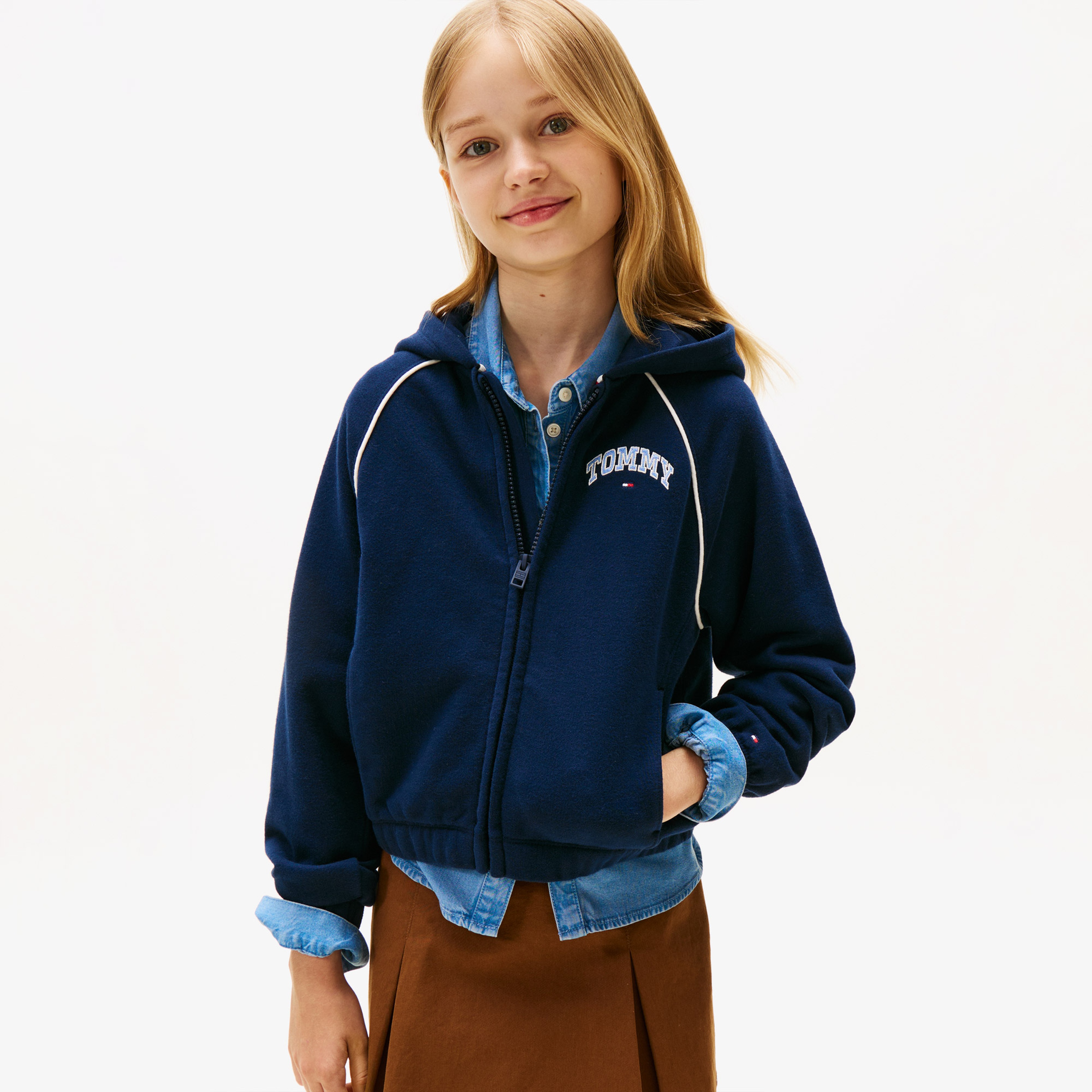 Tommy Hilfiger Varsity Çocuk Fermuarlı Lacivert Hoodie