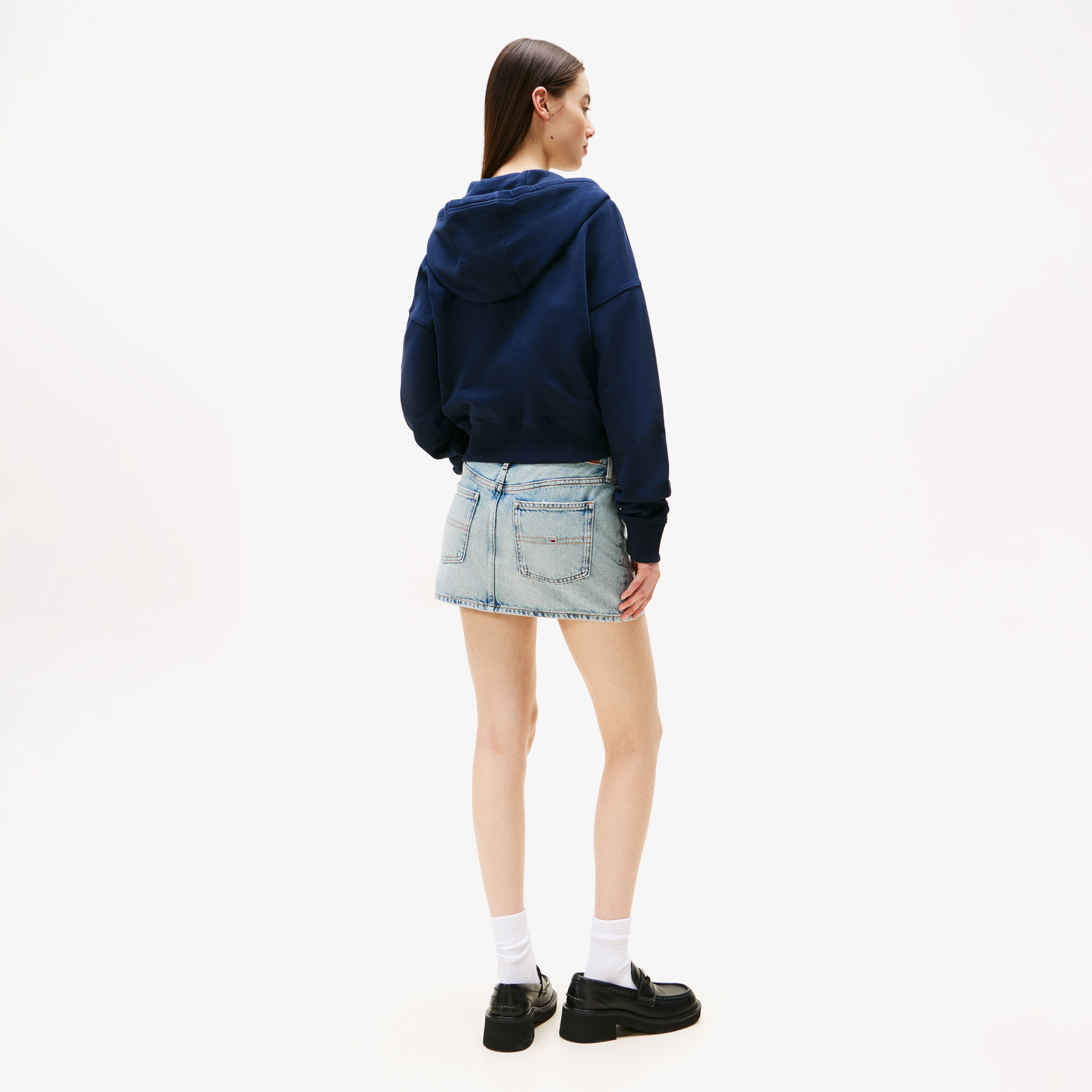 Tommy Jeans Crop Kadın Mavi Fermuarlı Hoodie