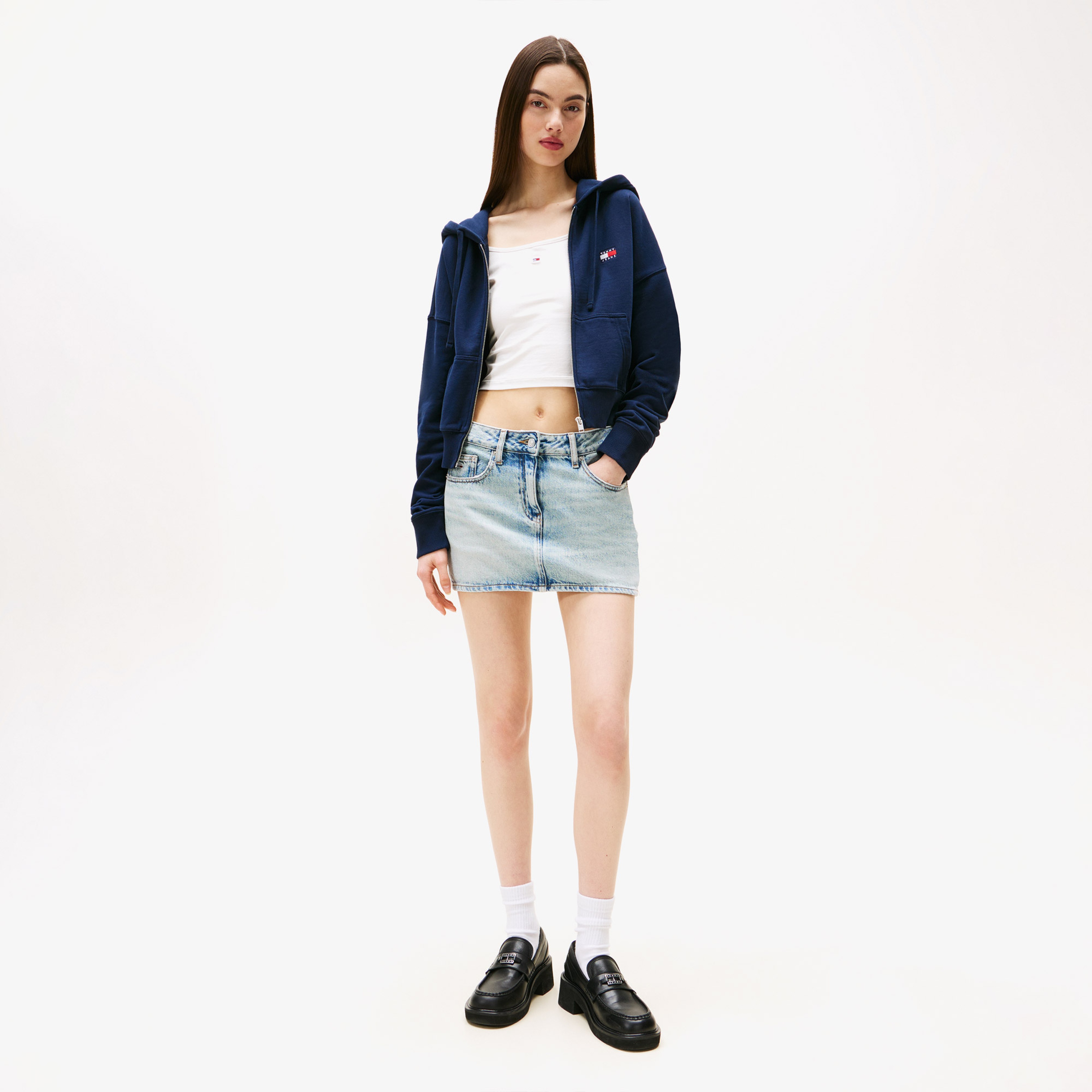 Tommy Jeans Crop Kadın Mavi Fermuarlı Hoodie