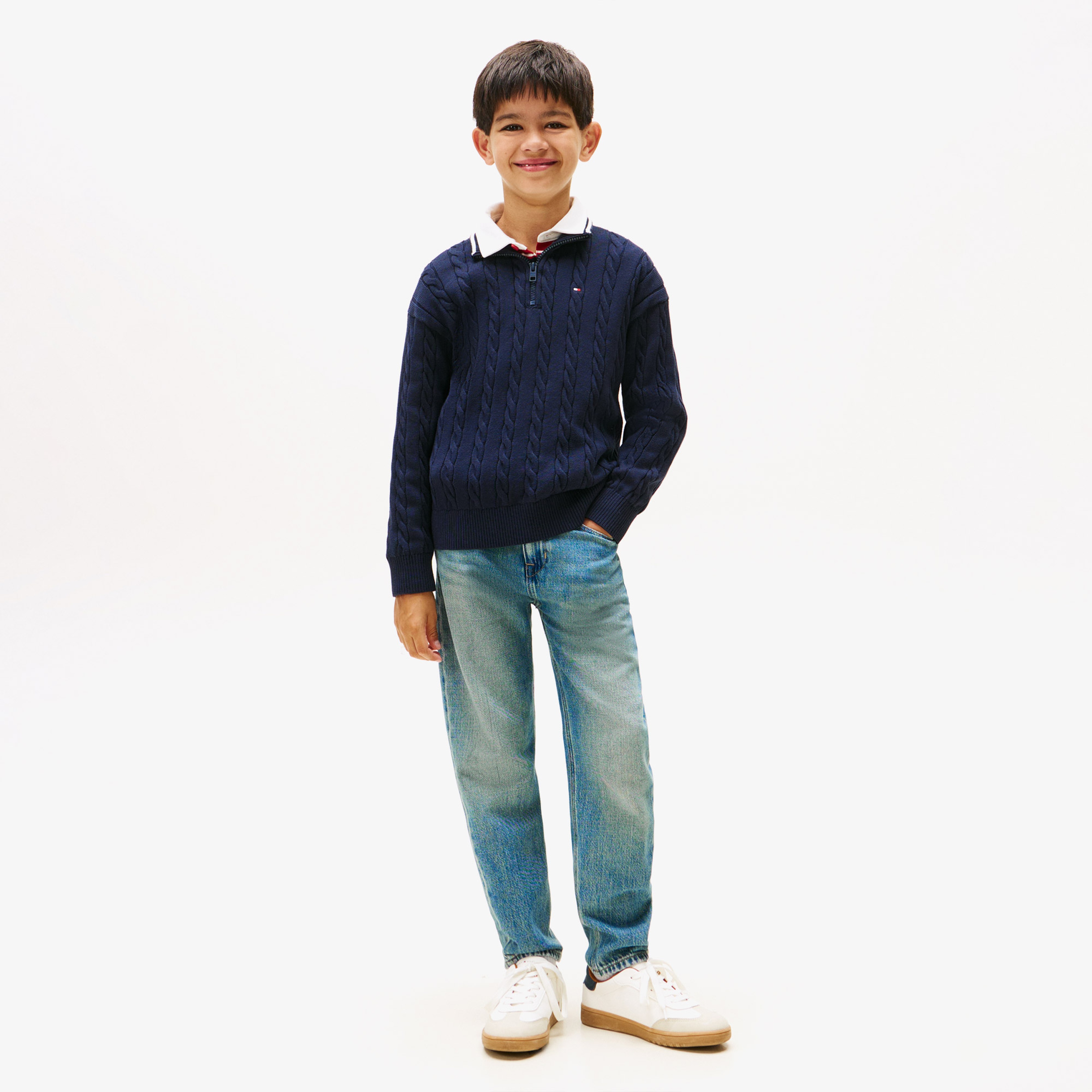 Tommy Hilfiger Cotton Cable Çocuk Mavi Yarım Fermuarlı Triko