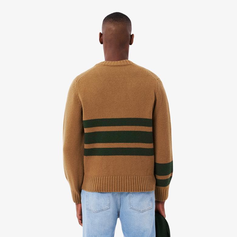 Lacoste Erkek Classic Fit V Yaka Çizgili Kahverengi Kazak