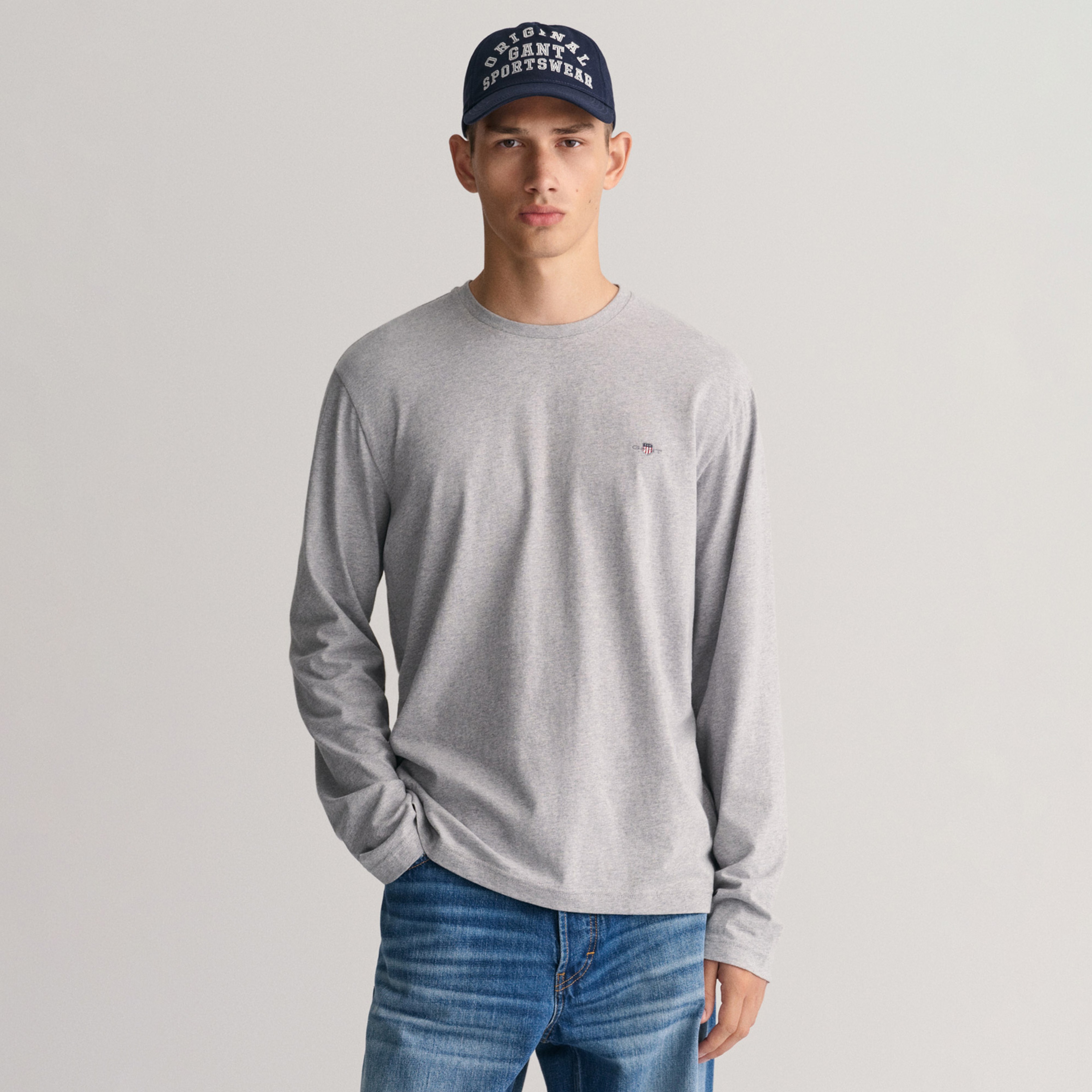 GANT Erkek Gri Regular Fit Bisiklet Yaka Uzun Kollu T-Shirt