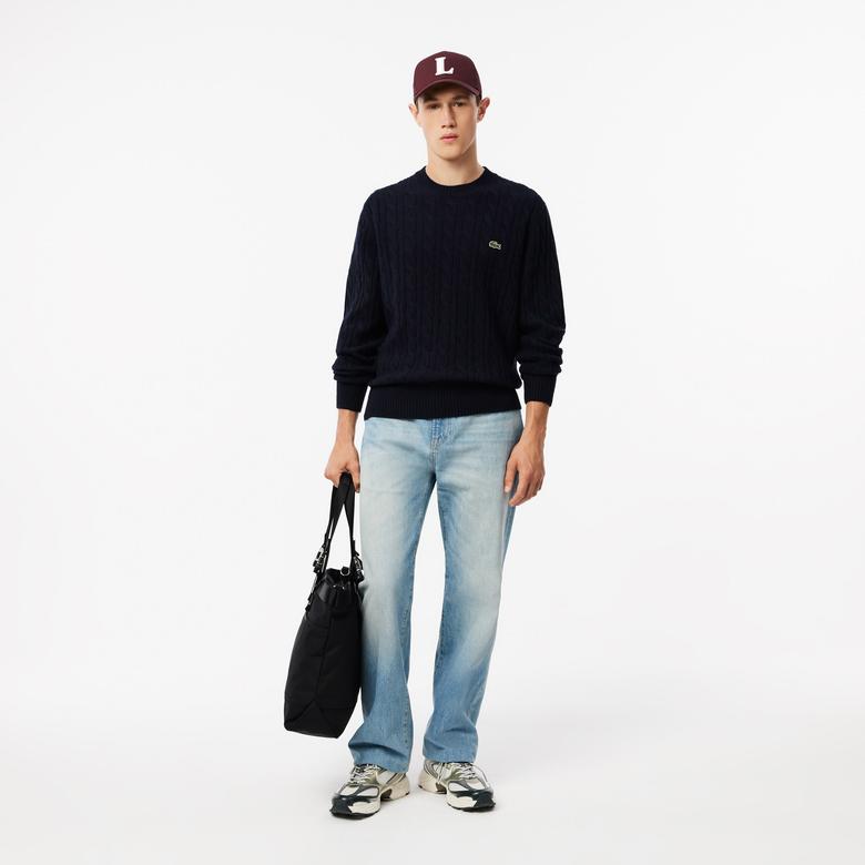 Erkek Classic Fit Bisiklet Yaka Desenli Lacivert Kazak