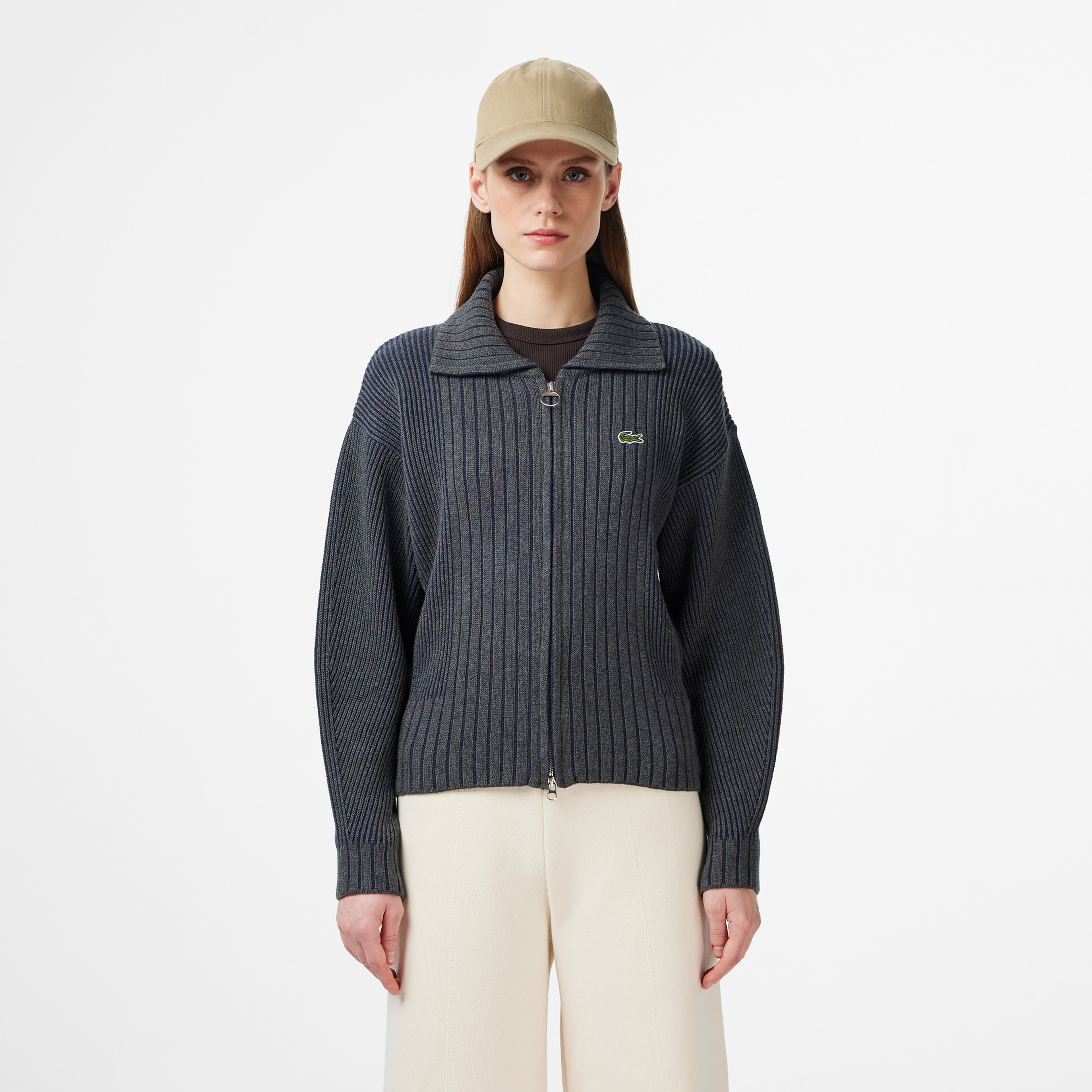 Lacoste Kadın Relaxed Fit Fermuarlı Gri Hırka