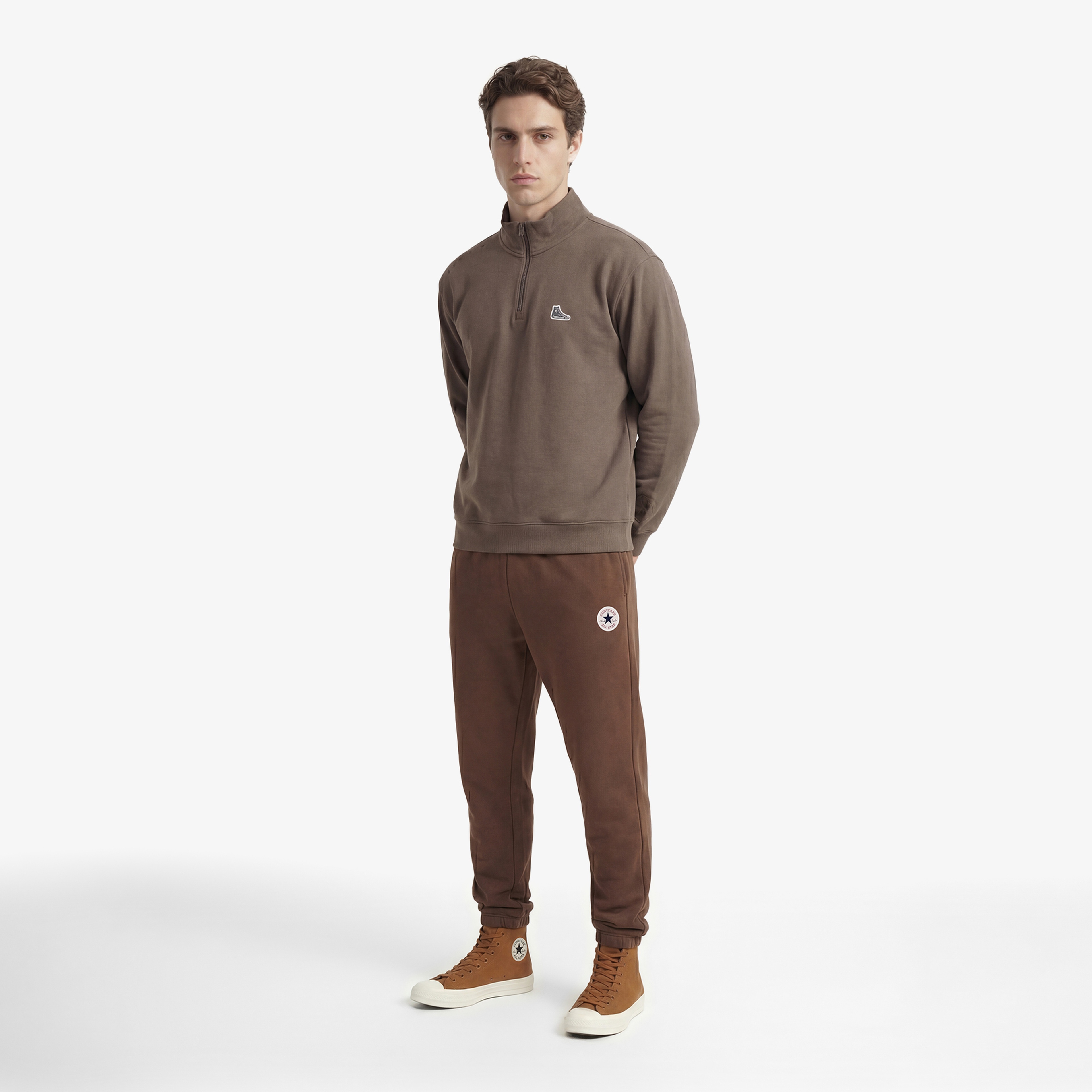 Converse Sneaker Logo Loose Fit Yarım Fermuarlı Erkek Kahverengi Sweatshirt