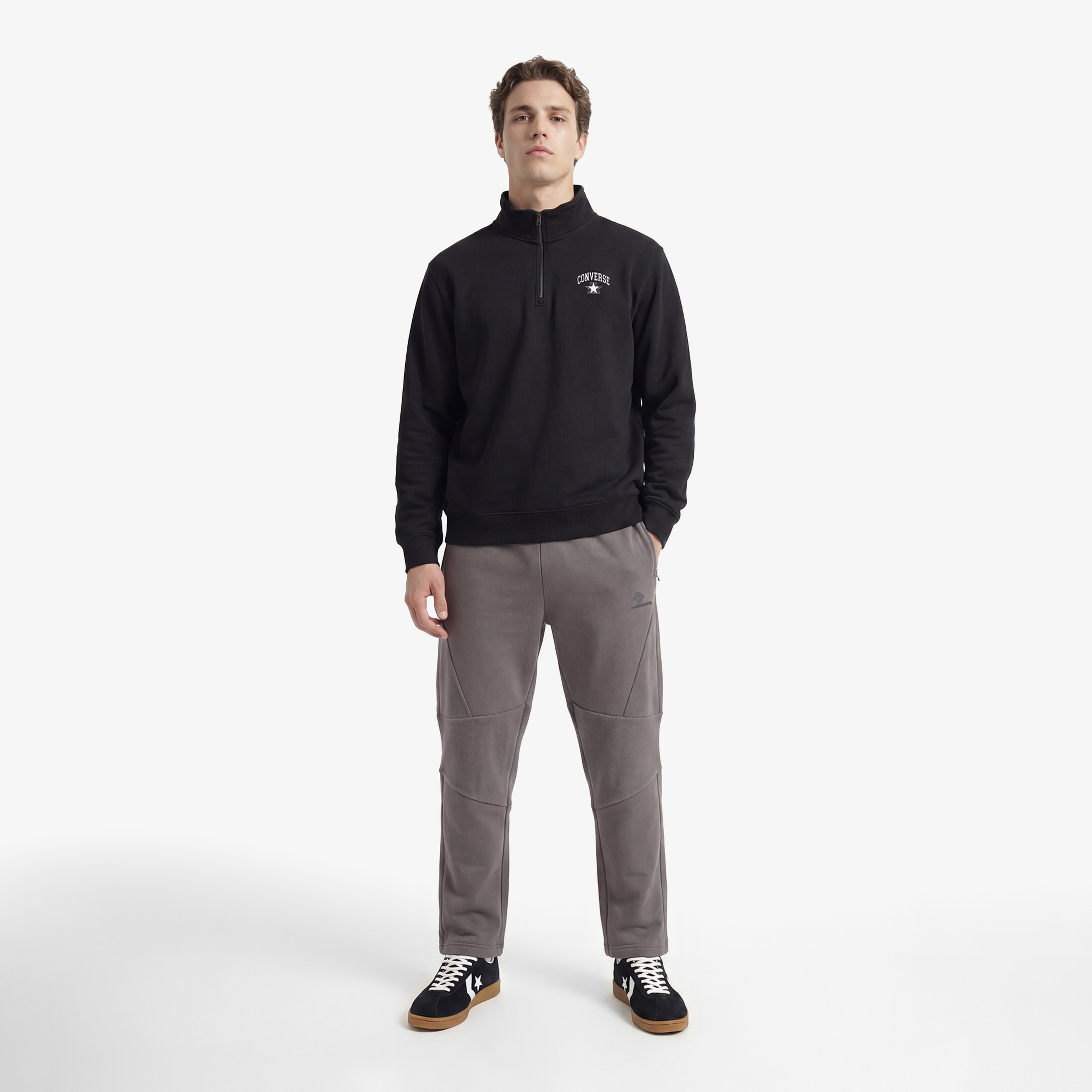 Converse Retro Collared Quarter-Zip Crew Erkek Siyah Sweatshirt