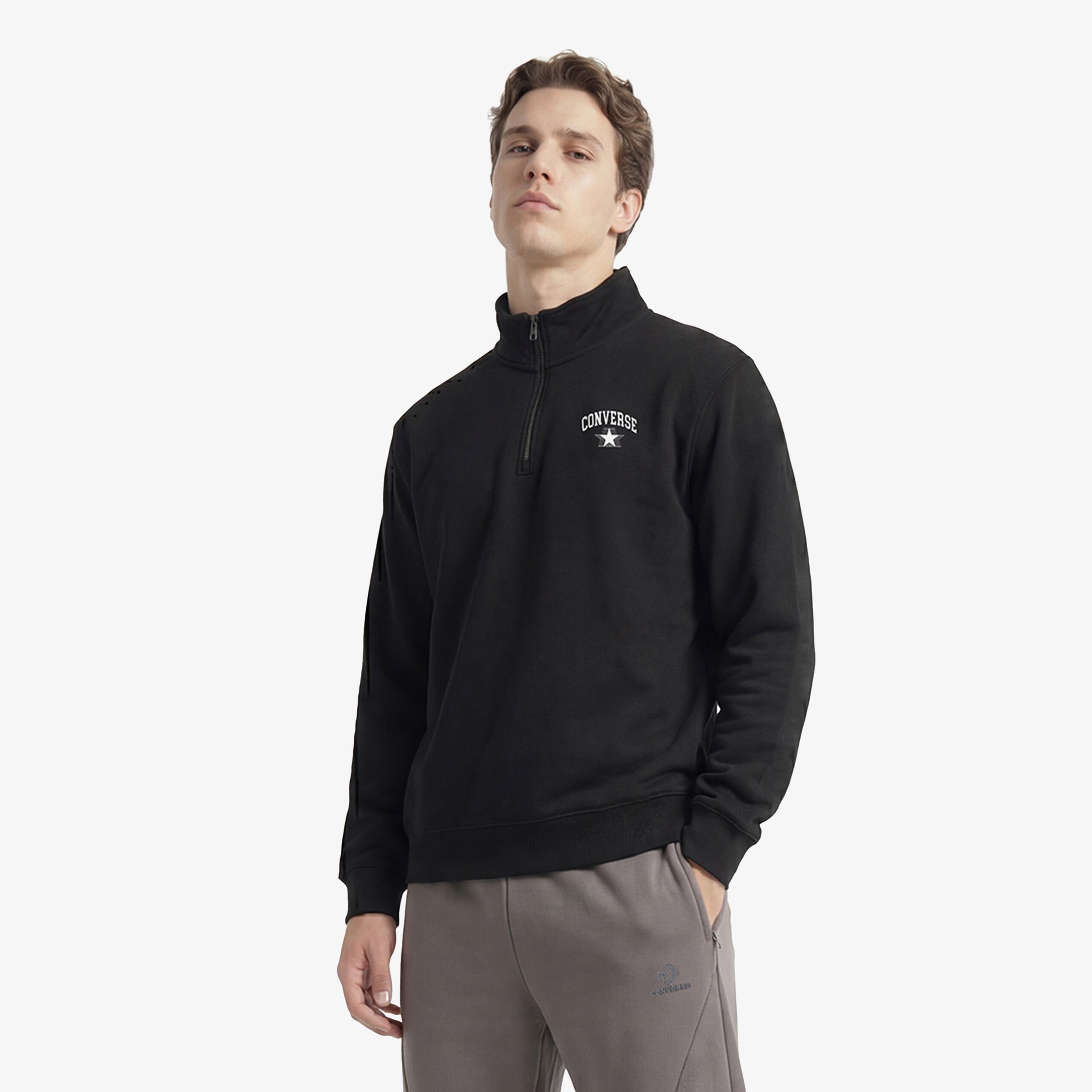Converse Retro Collared Quarter-Zip Crew Erkek Siyah Sweatshirt
