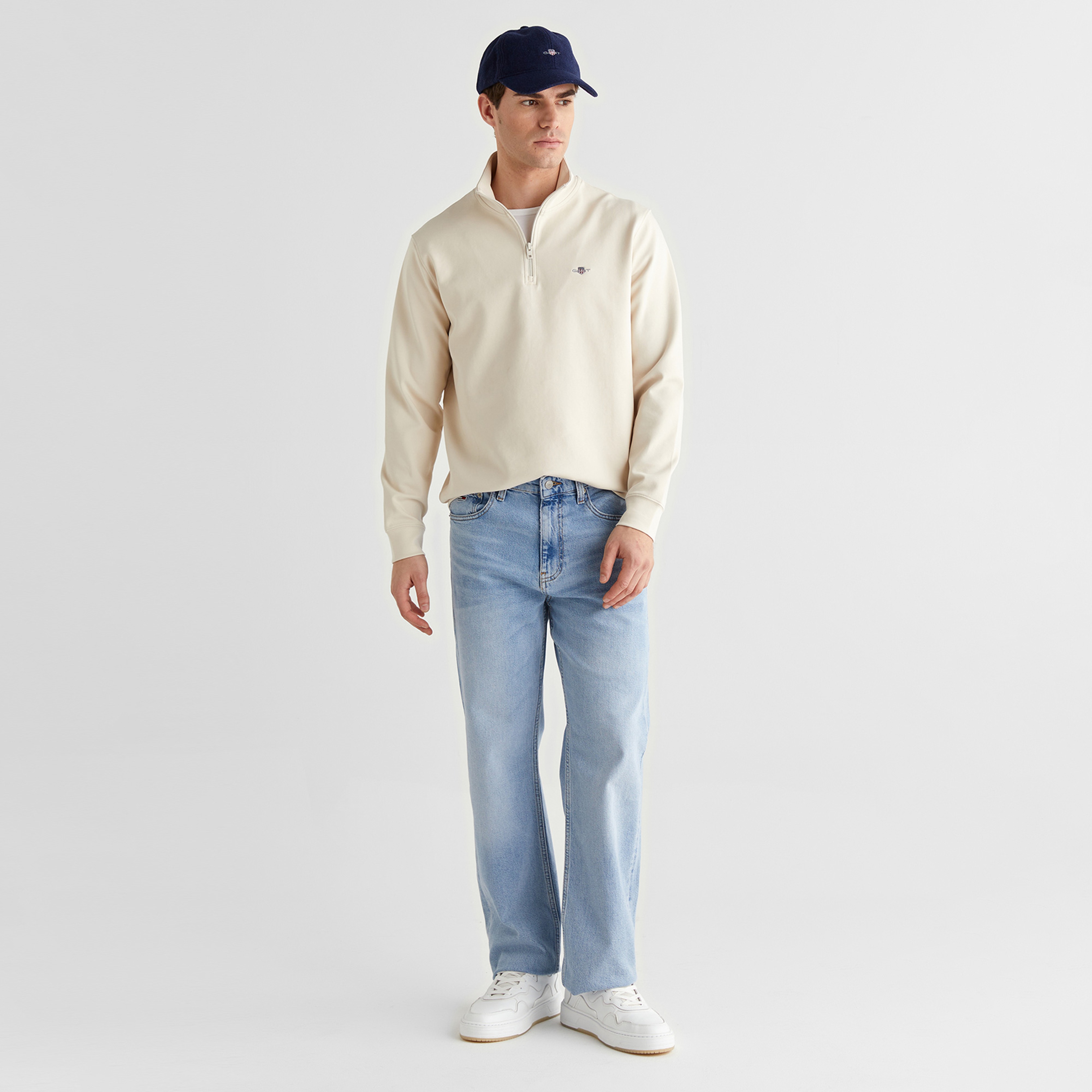 GANT Erkek Bej Relaxed Fit Yarım Fermuarlı Logolu Sweatshirt