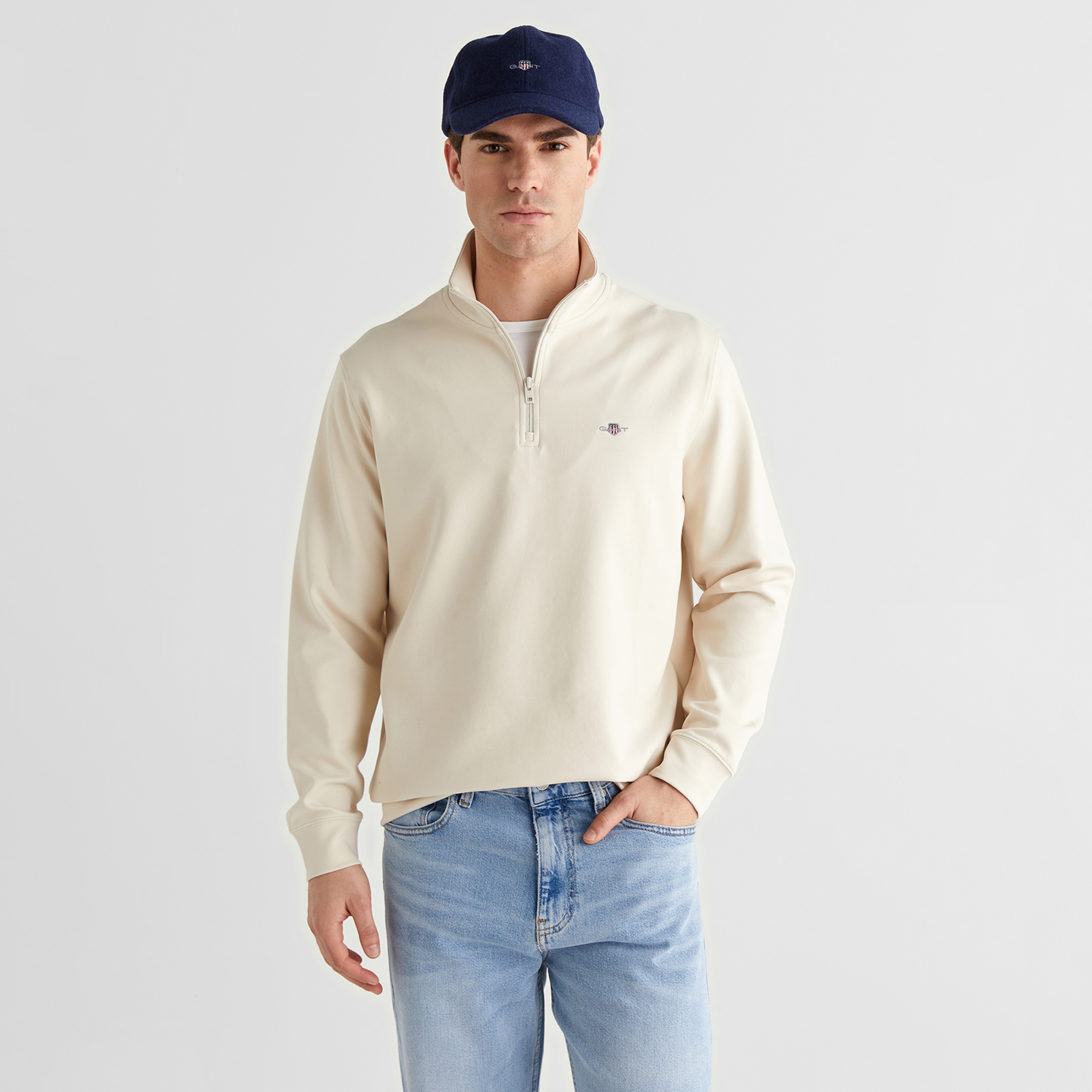 GANT Erkek Bej Relaxed Fit Yarım Fermuarlı Logolu Sweatshirt