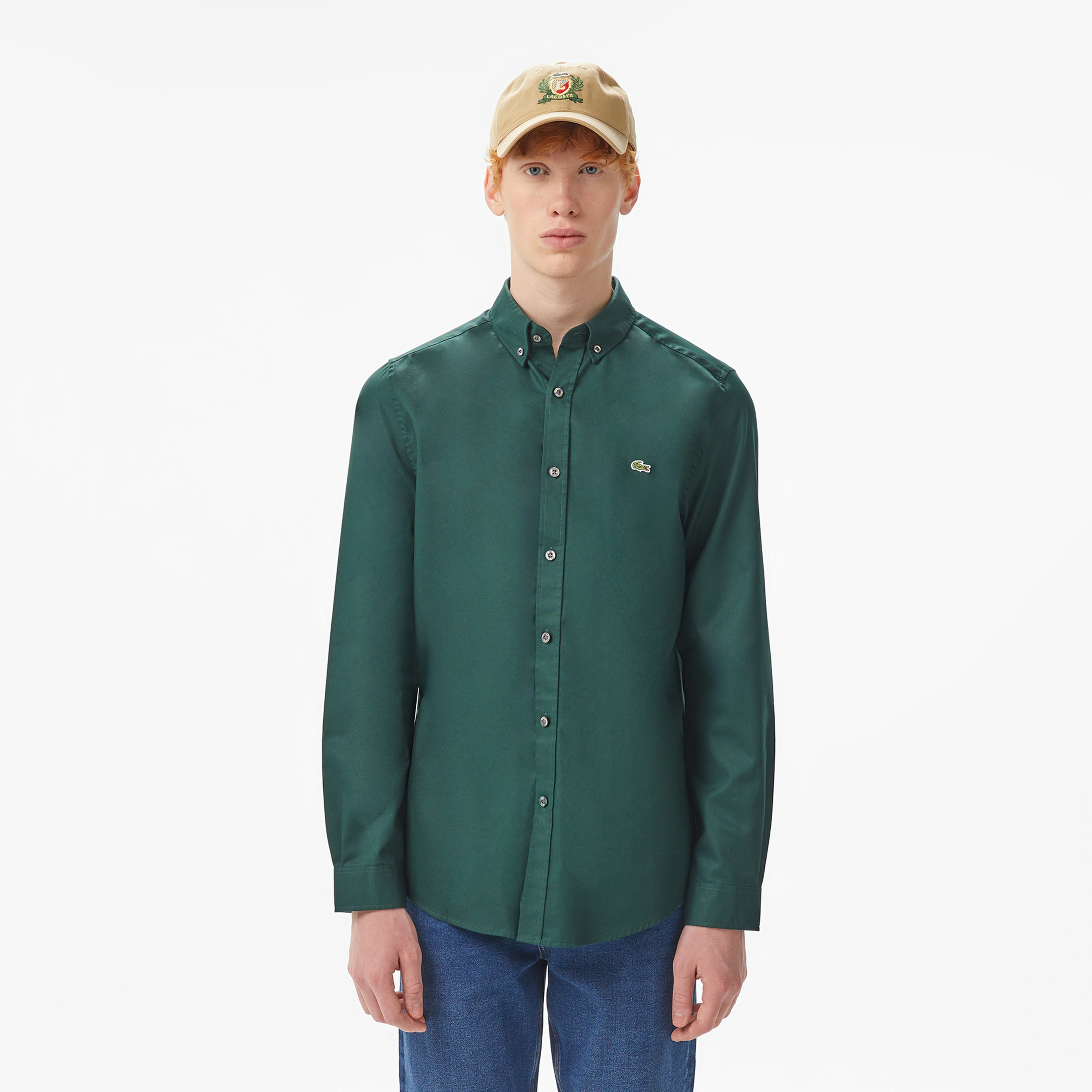 Erkek Slim Fit Düğmeli Yaka Koyu Yeşil Gömlek