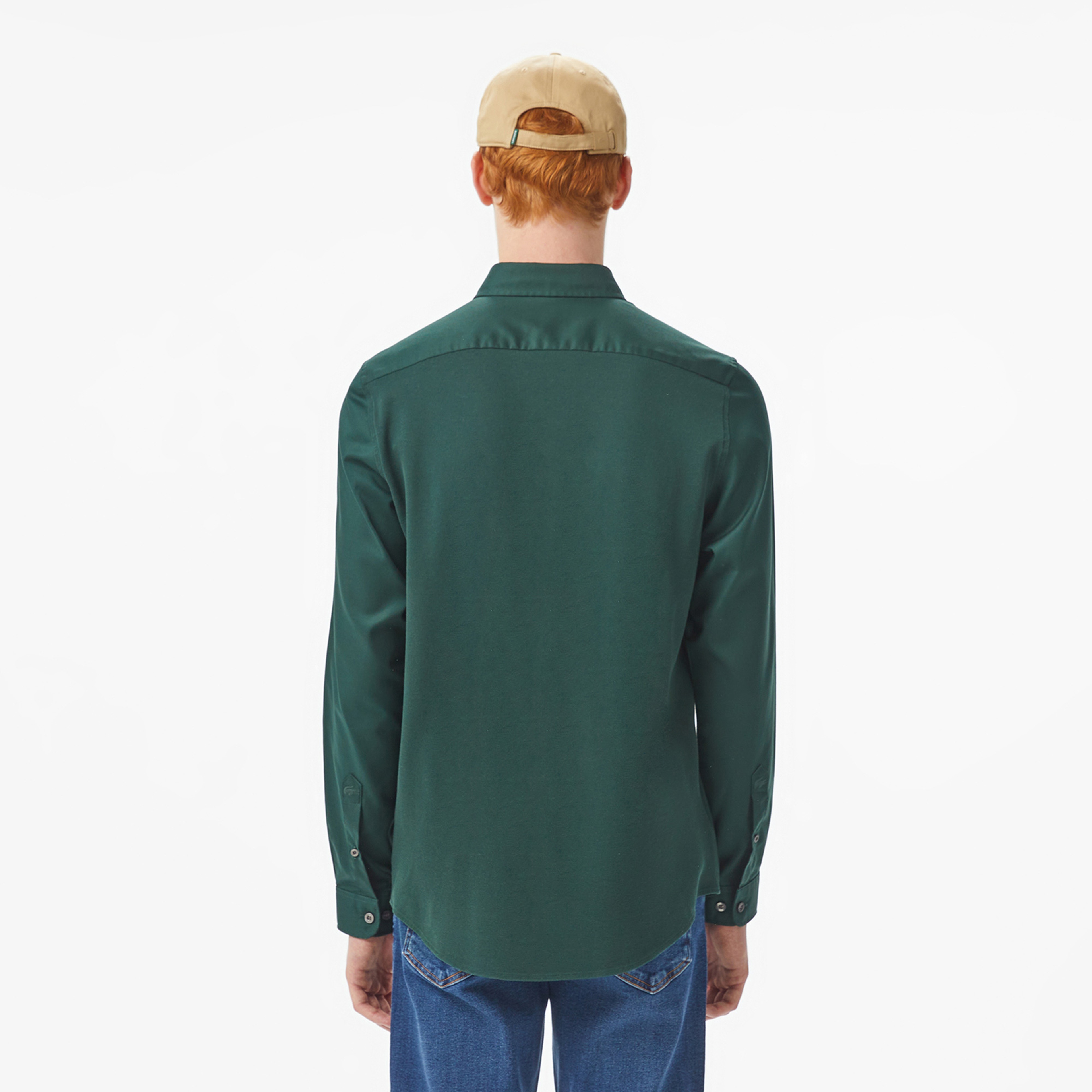 Erkek Slim Fit Düğmeli Yaka Koyu Yeşil Gömlek