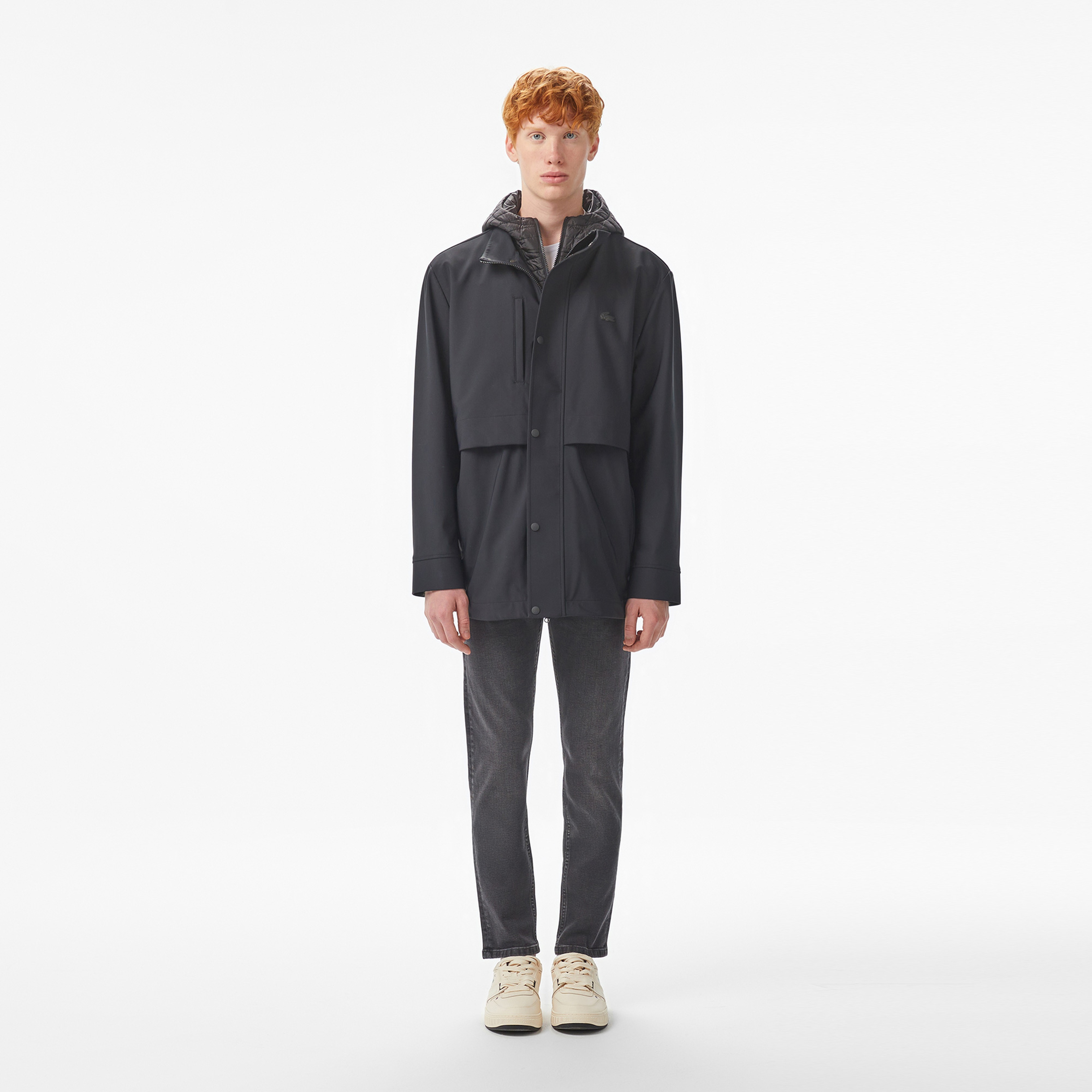 Erkek Kapüşonlu Siyah Trençkot