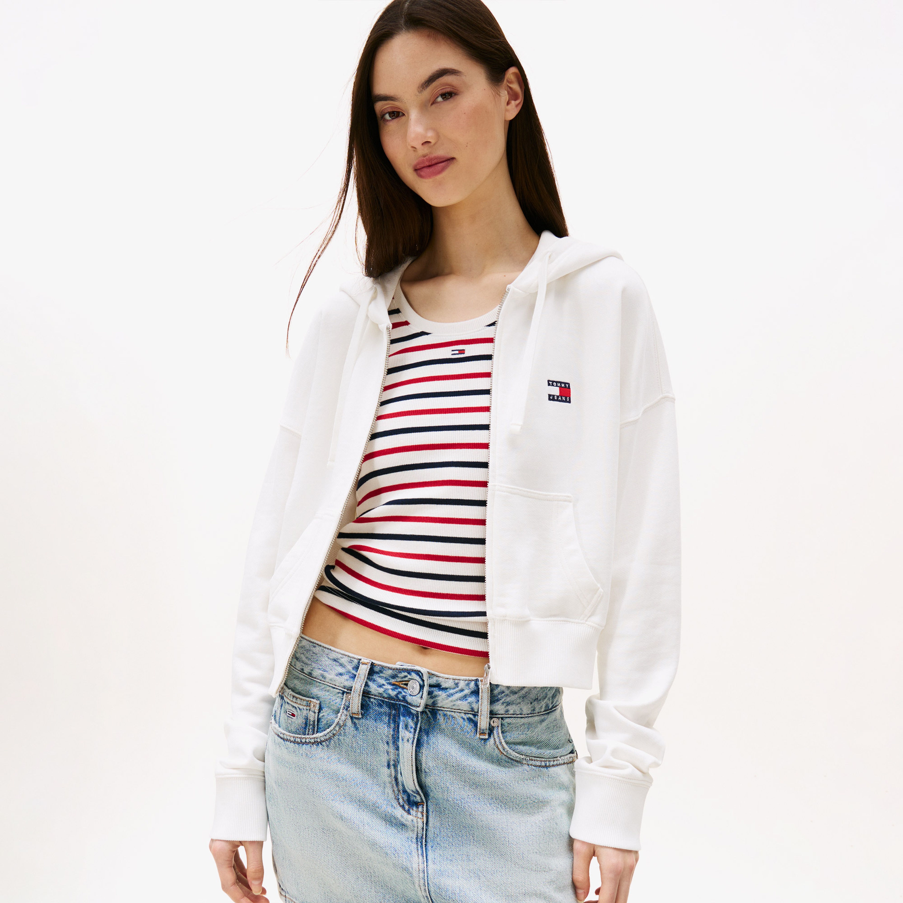 Tommy Jeans Crop Kadın Beyaz Fermuarlı Hoodie