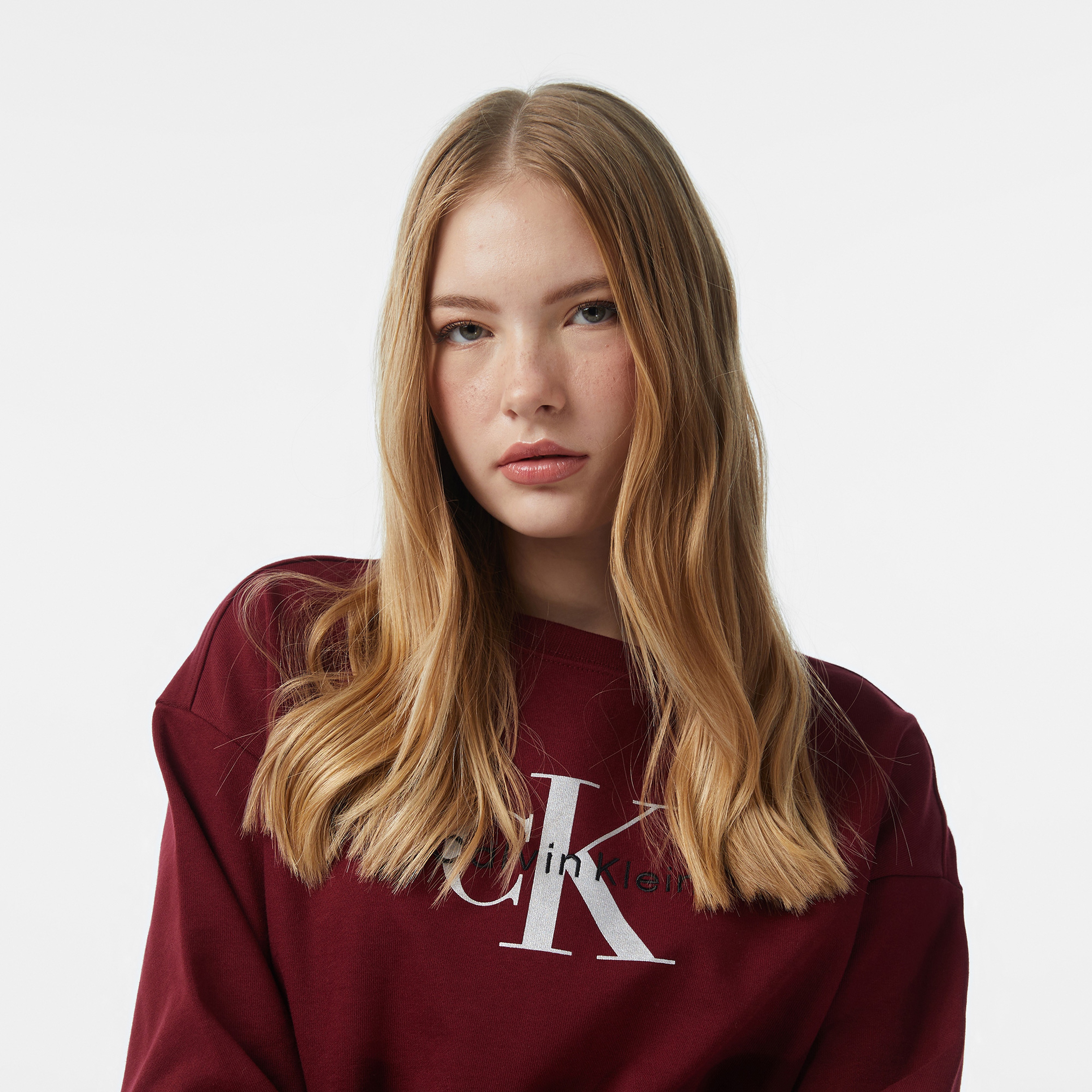 Calvin Klein Monologo French Terry Kadın Kırmızı Sweatshirt