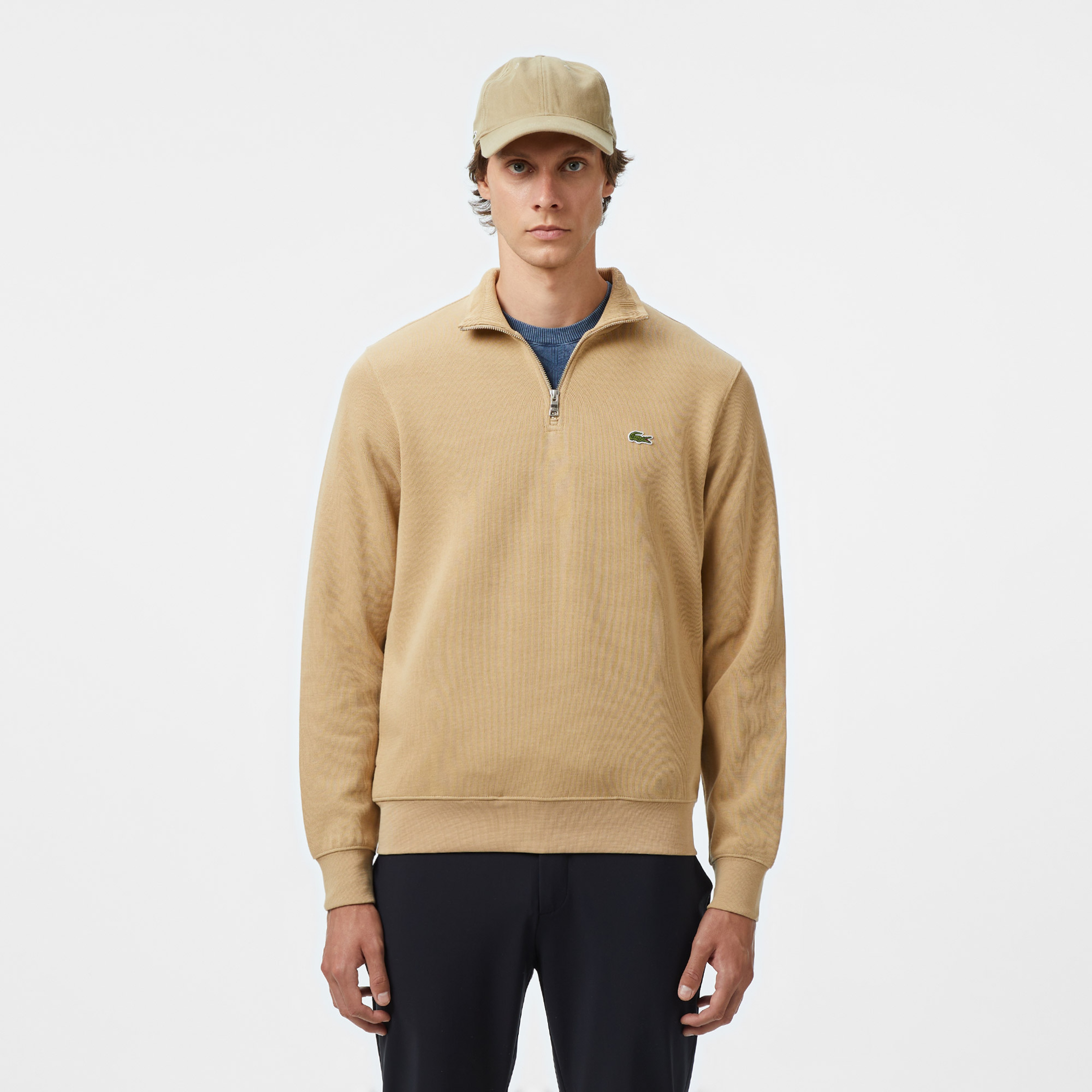Erkek Classic Fit Yarım Fermuarlı Bej Sweatshirt