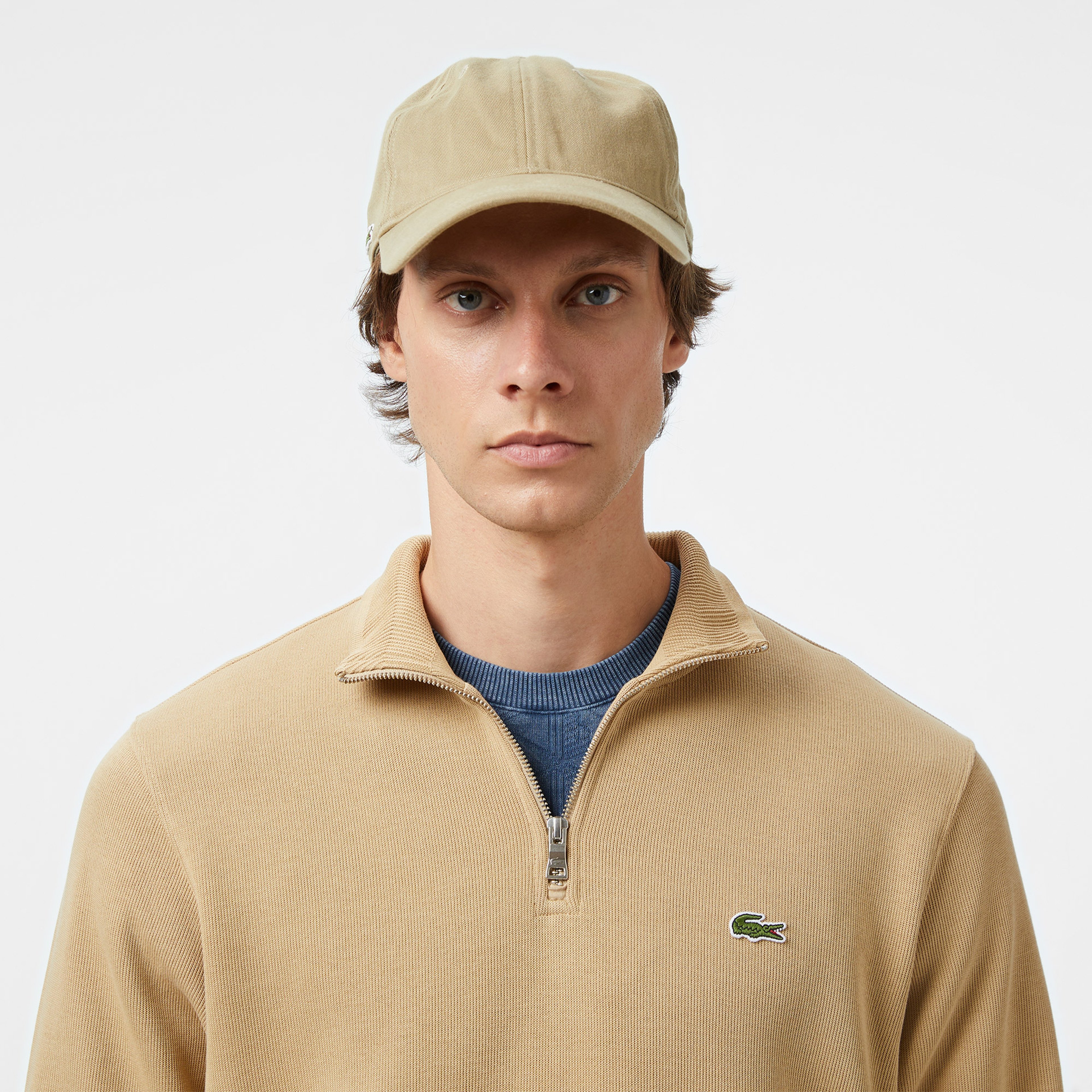 Erkek Classic Fit Yarım Fermuarlı Bej Sweatshirt