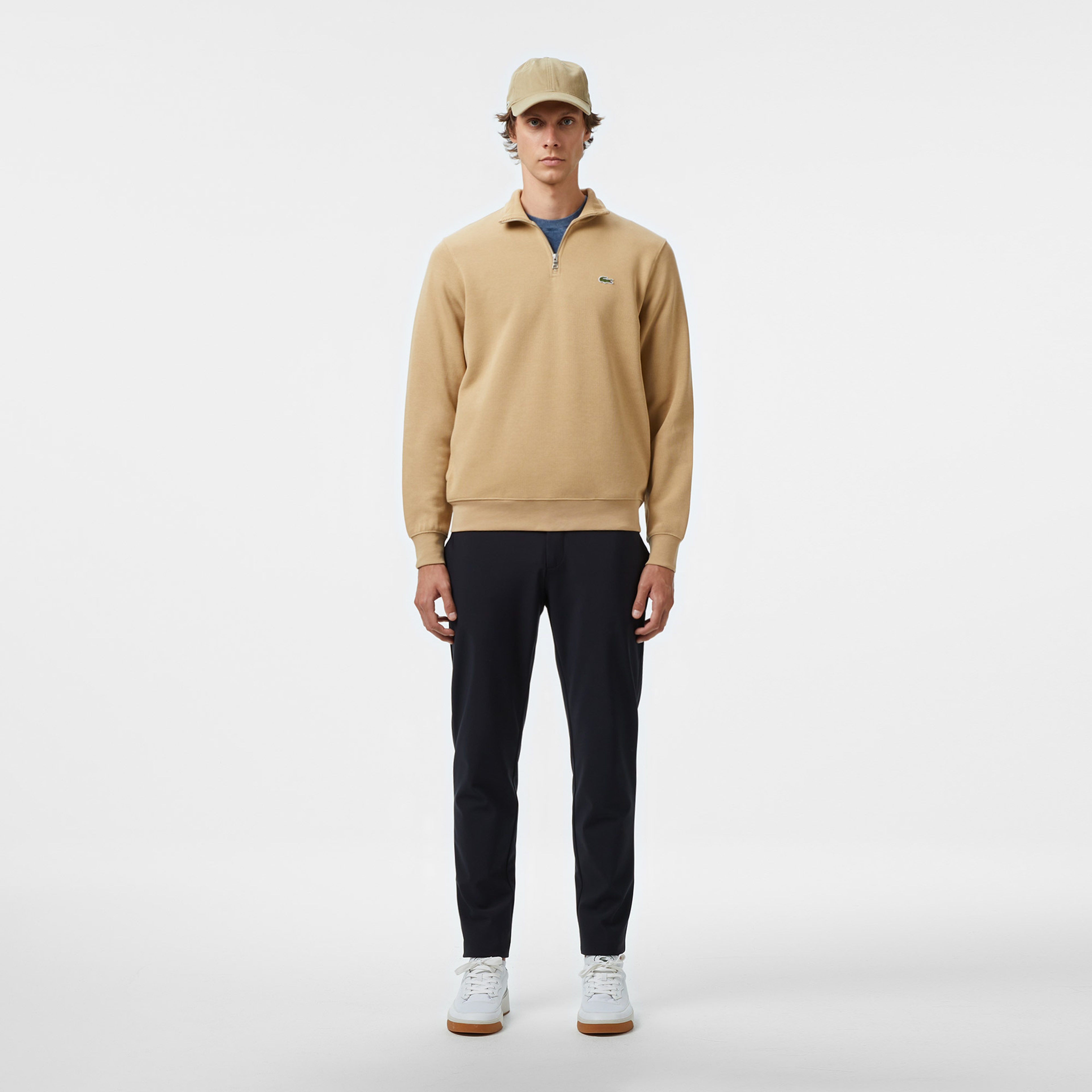 Erkek Classic Fit Yarım Fermuarlı Bej Sweatshirt