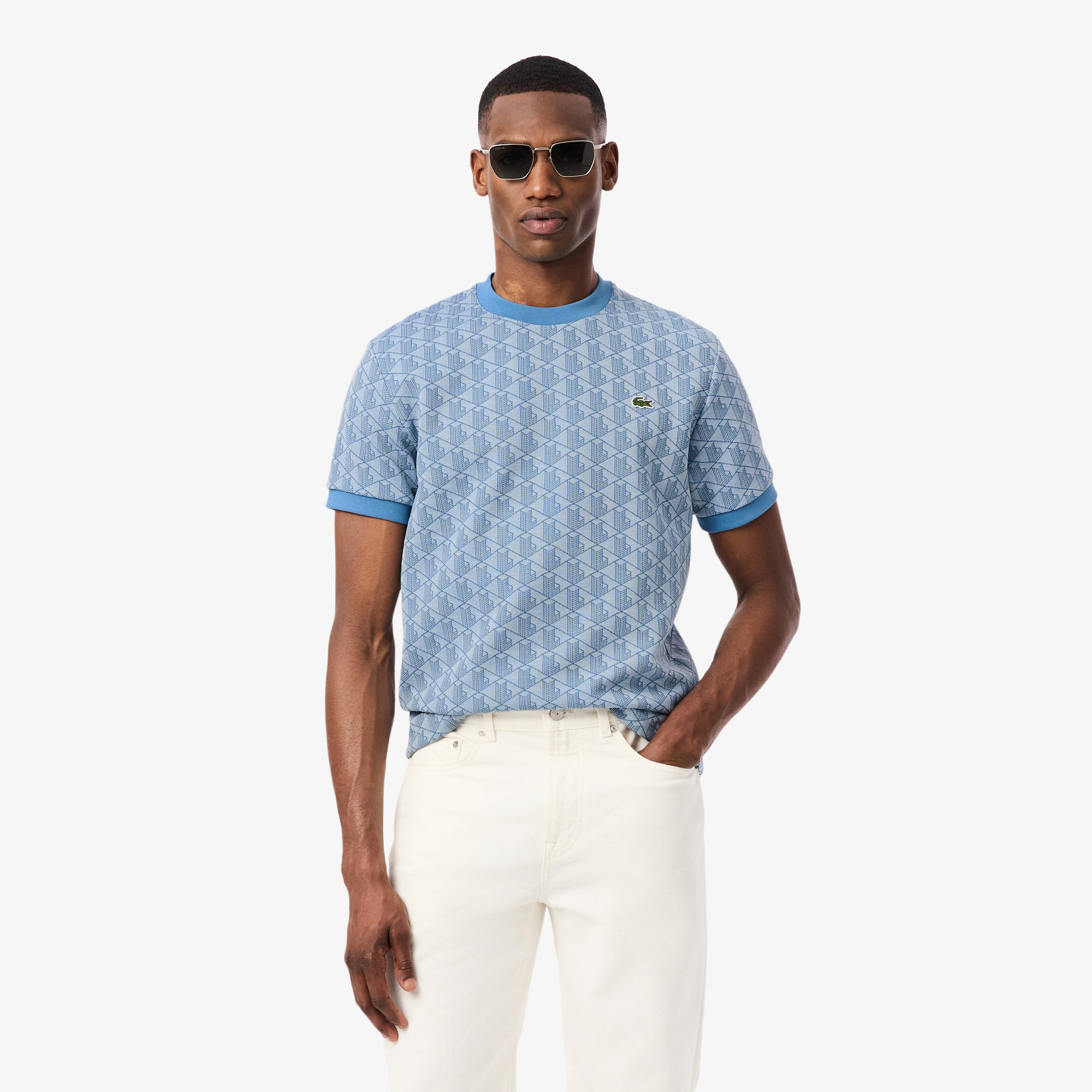 Erkek Classic Fit Bisiklet Yaka Monogram Mavi T-Shirt
