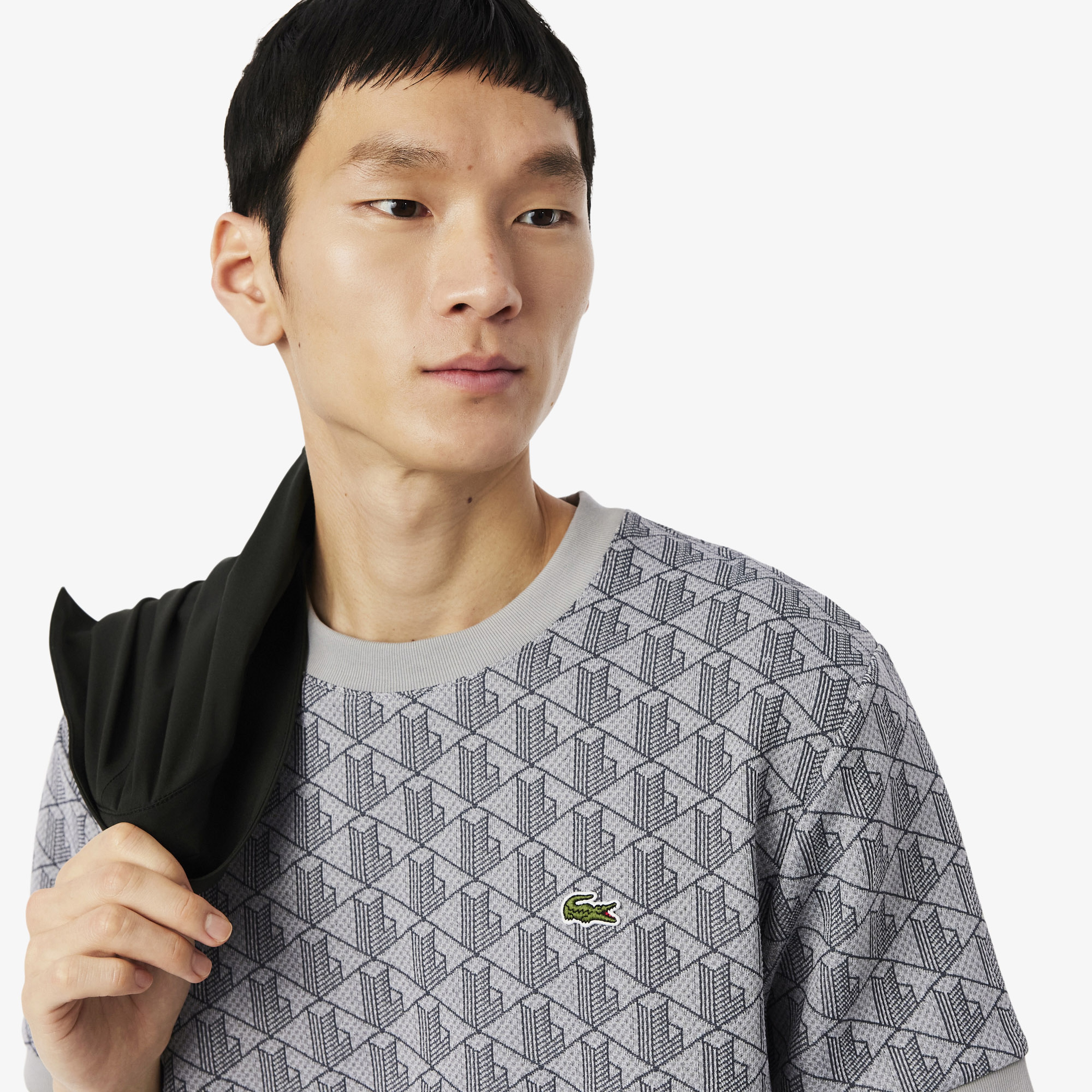 Erkek Classic Fit Bisiklet Yaka Monogram Gri T-Shirt