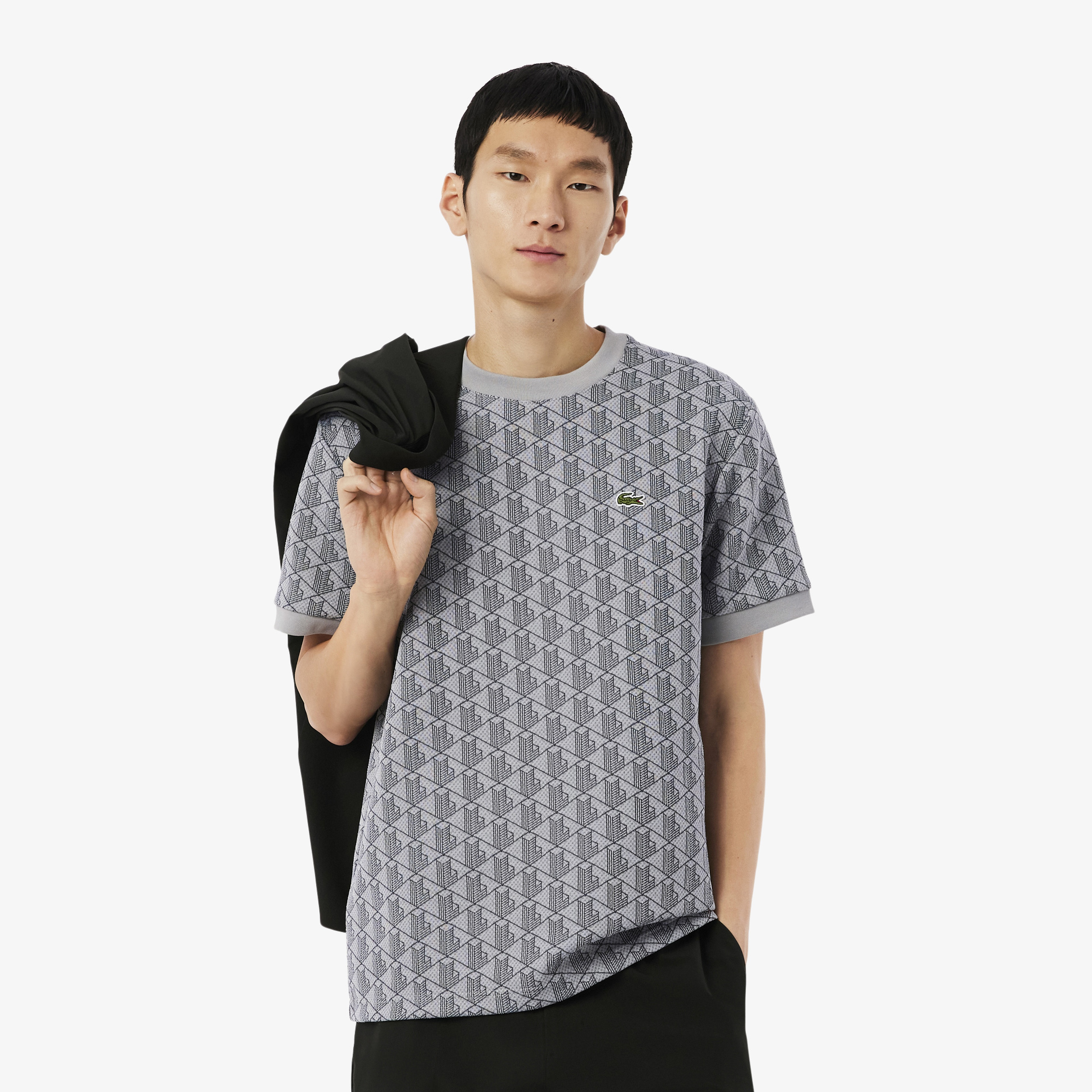 Erkek Classic Fit Bisiklet Yaka Monogram Gri T-Shirt