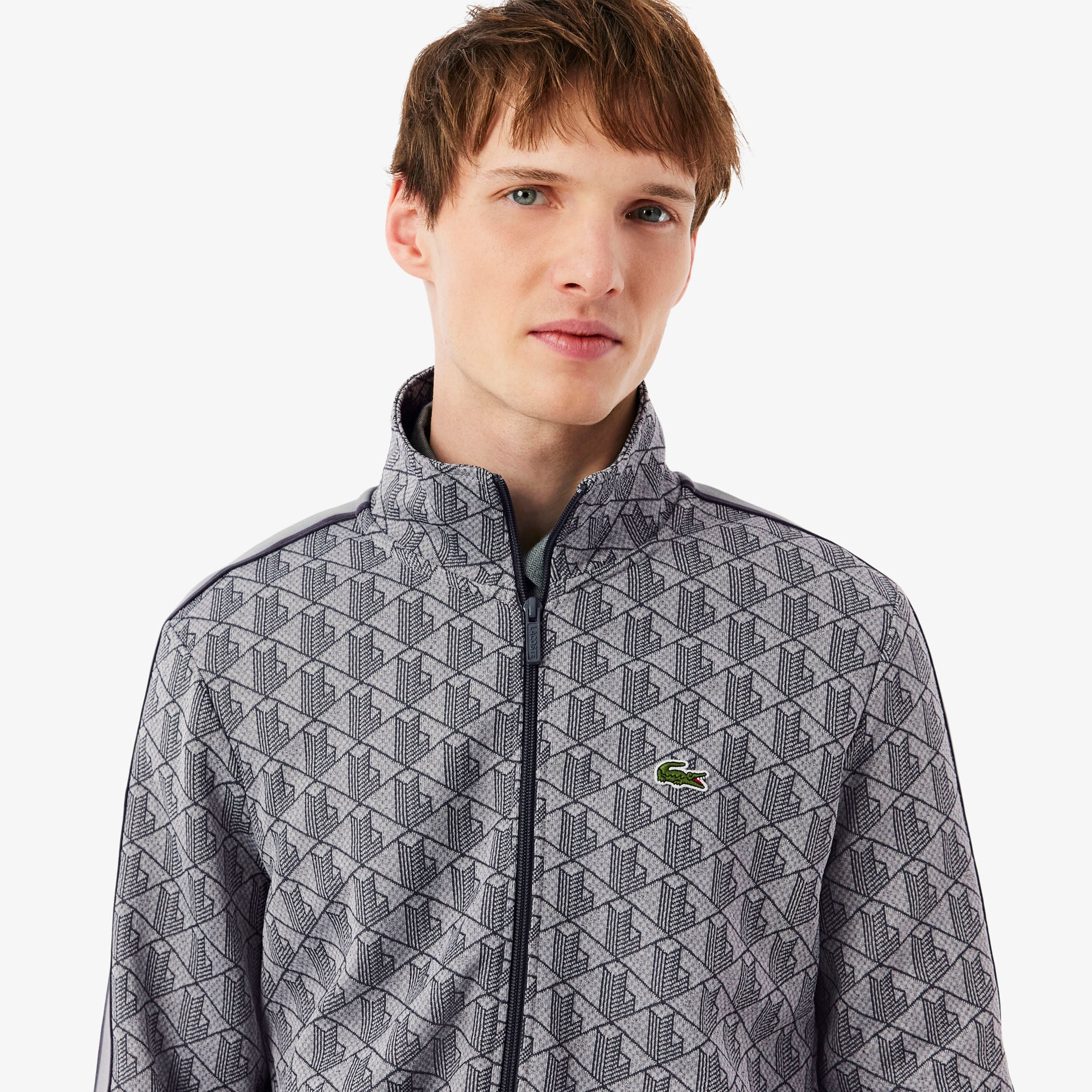 Erkek Regular Fit Fermuarlı Monogram Gri Sweatshirt