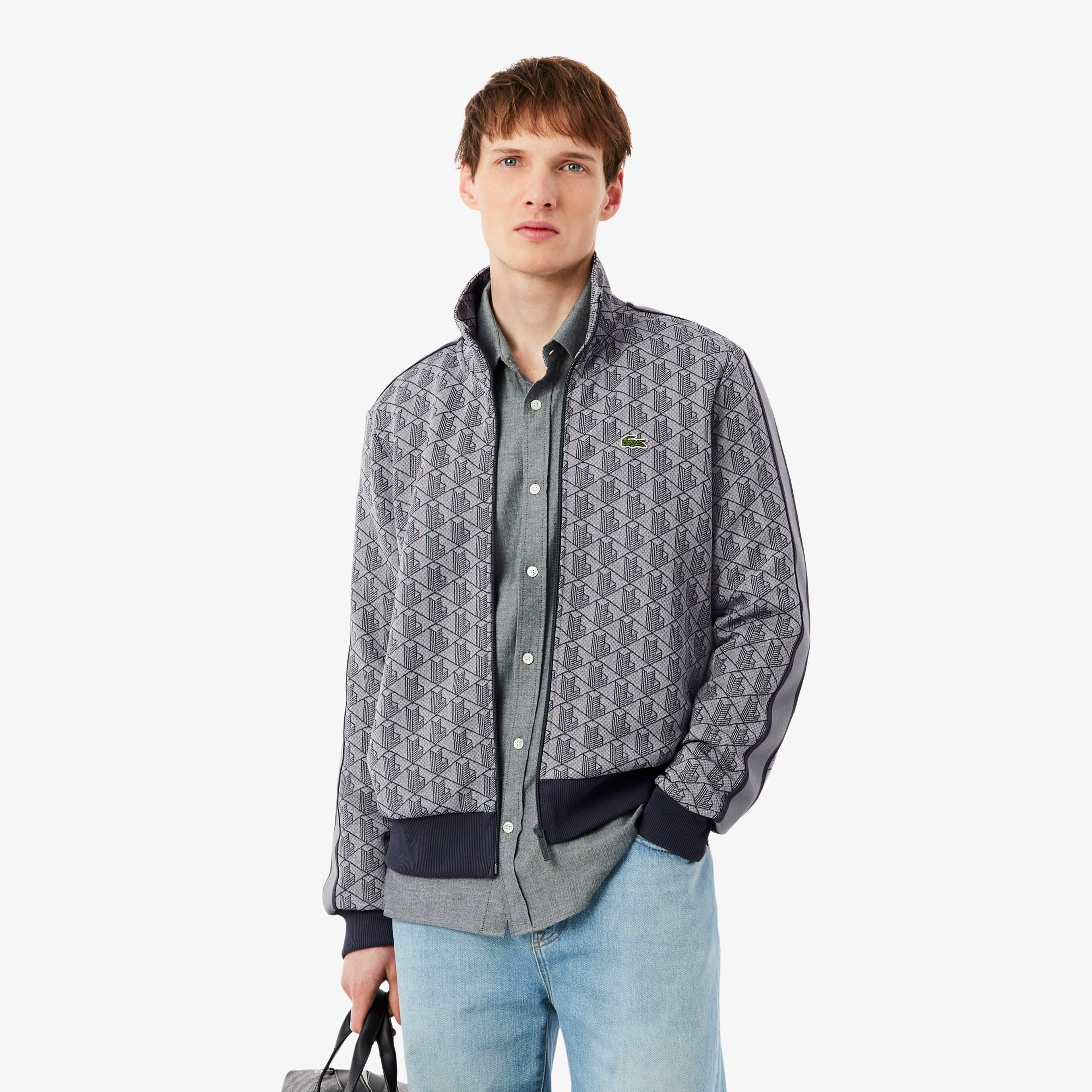Erkek Regular Fit Fermuarlı Monogram Gri Sweatshirt