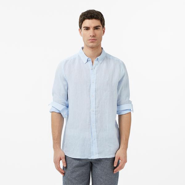 Nautica Erkek Mavi Regular Fit Keten Gömlek