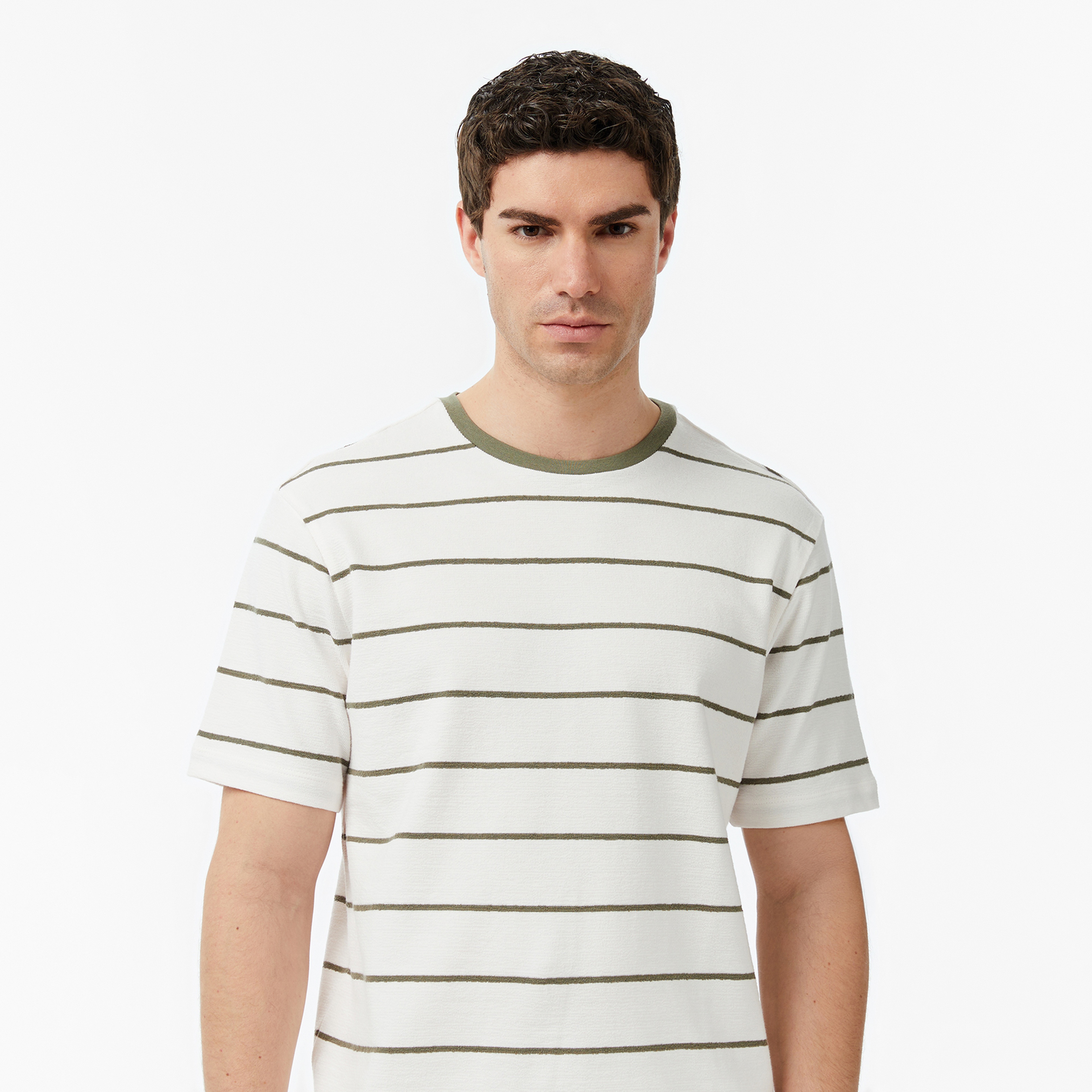 Nautica Erkek Krem Regular Fit Çizgili T-Shirt